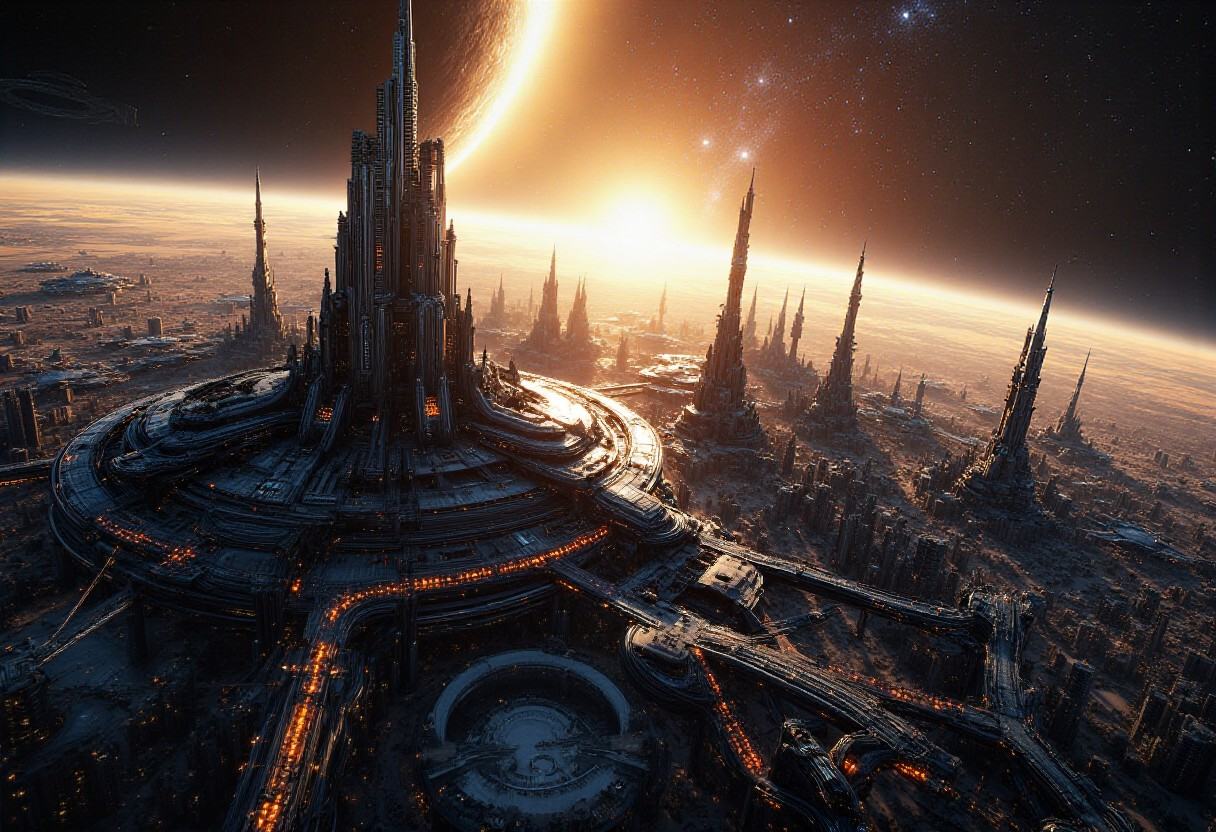 A spectacular aerial establishing shot of starcity_alpha,  a colossal futuristic orbital metropolis floating in the void o...