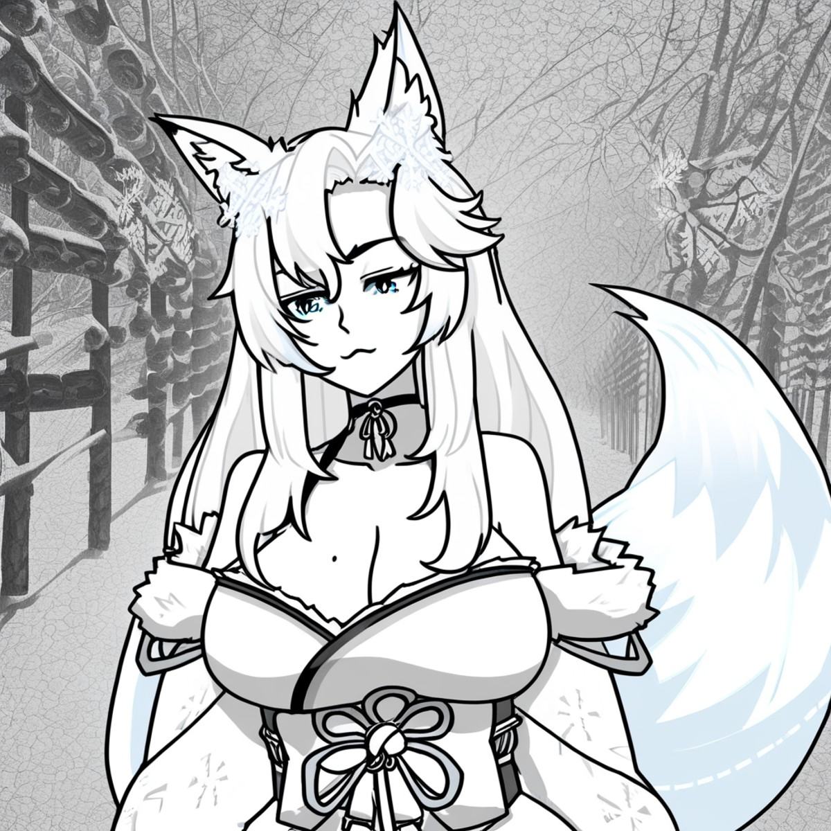 animal ear fluff,  monochrome,  mole on breast on Tensor.Art