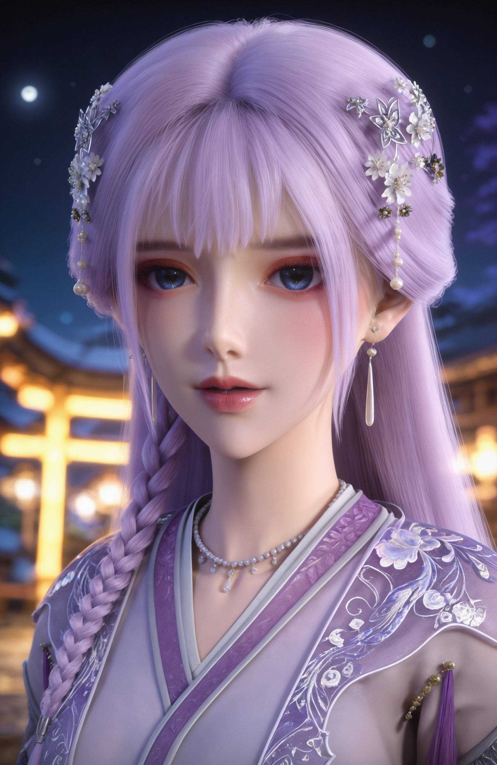 <lora:百炼成神3-小天穹Pony:0.8> 1girl, long hair, purple hair, hair flower, hair ornament, lips, side braid, earrings, chinese clothes, necklace, lavender dress,see-through,, 1girl,solo,shiny,shiny_hair,upper_body,fair_skin,white_skin,shiny_skin,shiny,Ivory_skin,looking at viewer,cinematic lighting,volumetric lighting,solo focus,blurry background,depth of field,night,sky,night sky,full moon,moonlight,
