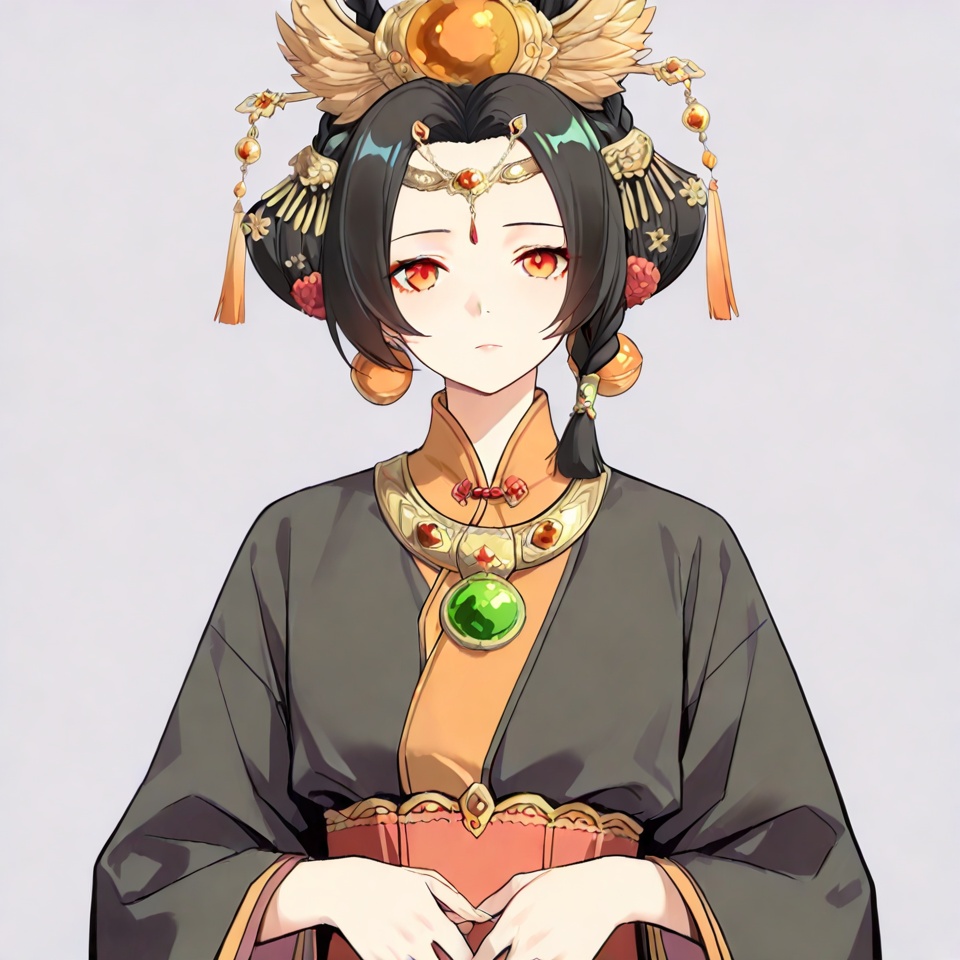 masterpiece, best quality,(grey background:1.2),looking at viewer,SOLO,simple background  jilin,manga_style,black hair, hair ornament, jewelry, red eyes, long hair, bracelet, short hair, orange eyes, braid<lora:姬麟0ill:0.8>