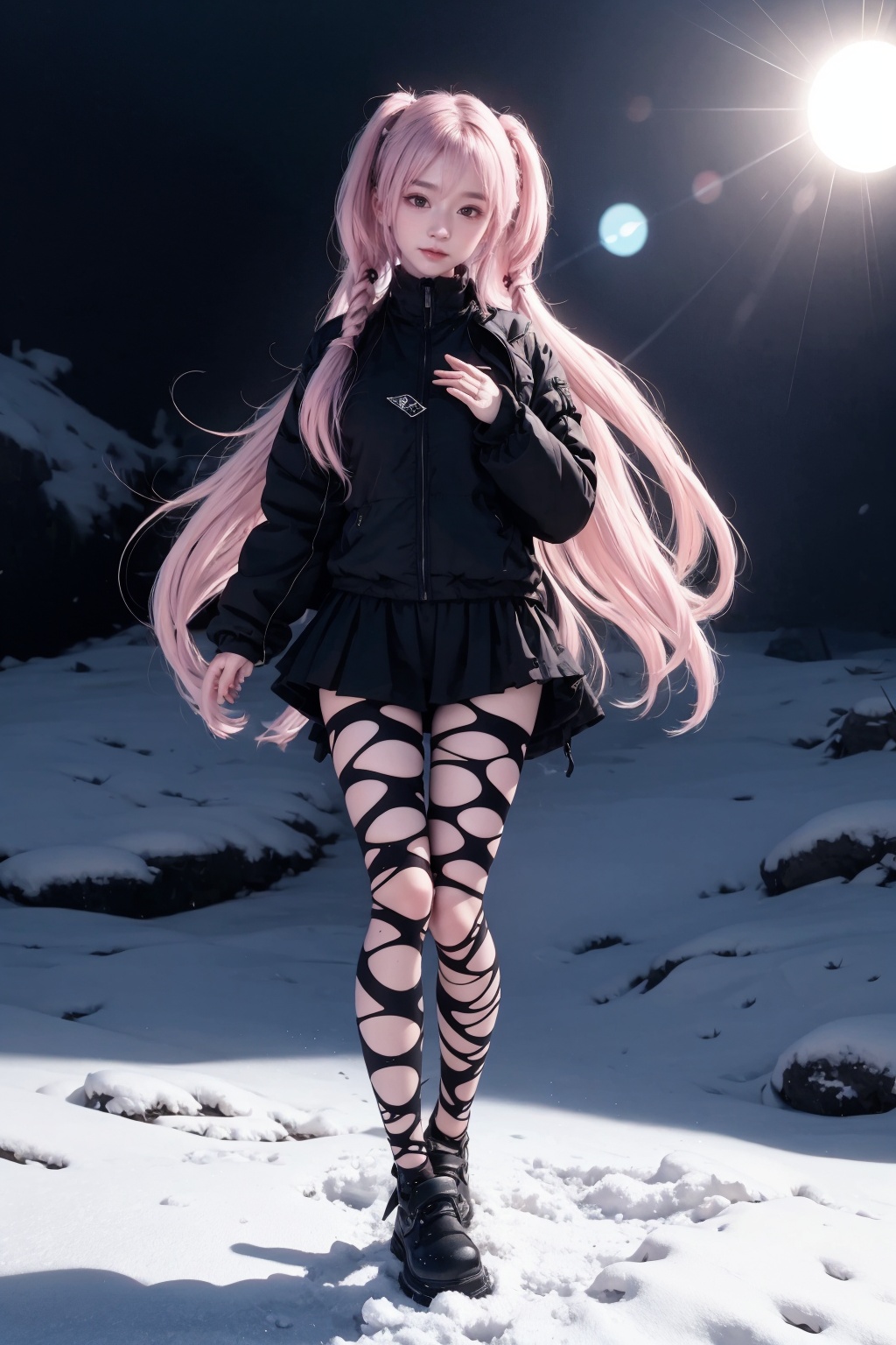 HDR,UHD,8K,best quality,highres,masterpiece,Highly detailed,1girl,full body,Anime,front view,lens flare,light_rays,cute face,big breasts,white skin,leg_warmers,puffer_jacket,print_scarf,pink hair,twintails,covering chest by hand,praying,eye-contact,narrowed eyes,light  blush,pasture,snowy mountain,winter,floral_background,<lora:lrw3:0.7>,
