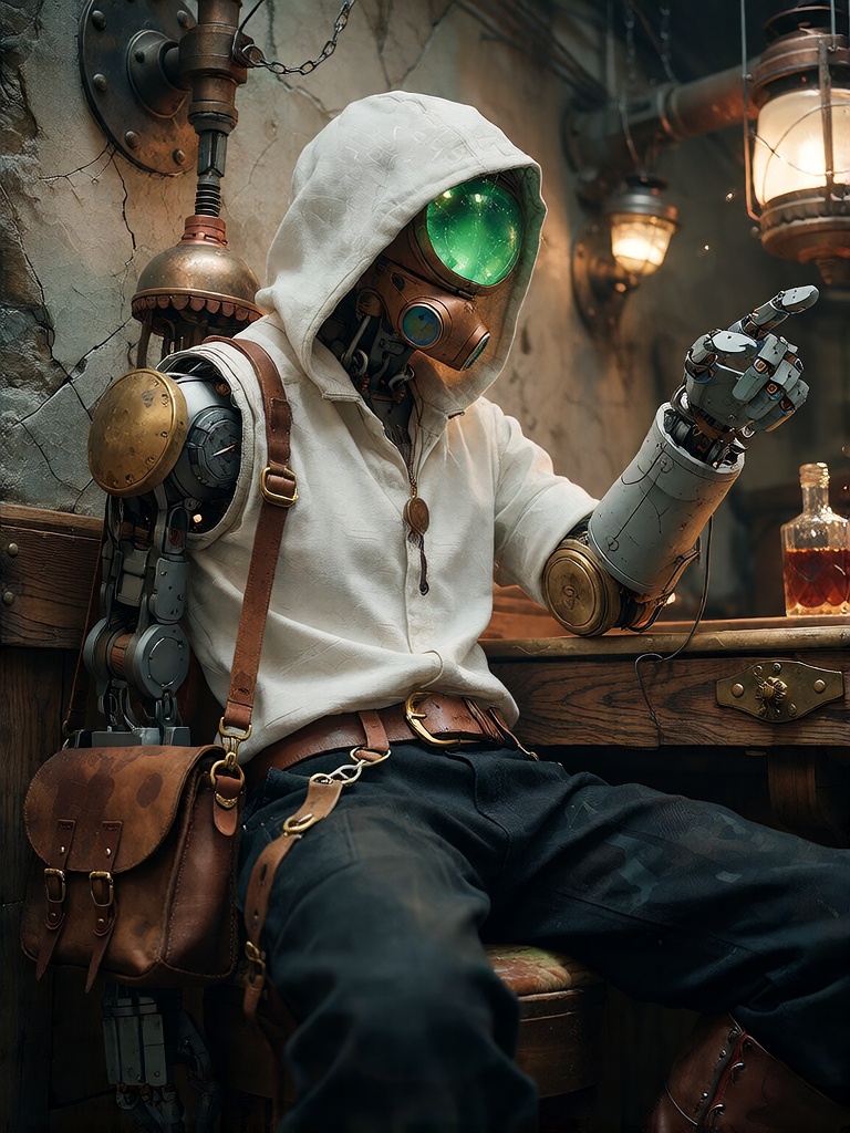 Bradhamel art style. A hooded figure with glowing green eyes,  wearing a white shirt and dark pants,  sits relaxed on a wo...
