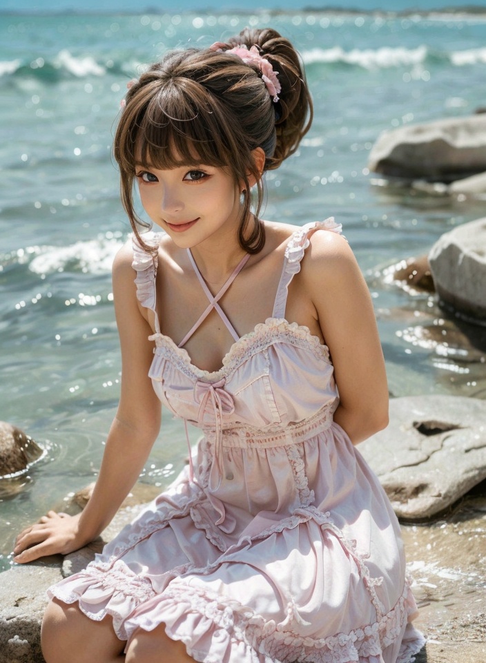 cmmluolita,1girl,solo,dress,ocean,brown hair,outdoors,looking at viewer,day,rock,ponytail,pink dress,beach,water,smile,brown eyes,<lora:cmmluolita_20231206091240:0.7>,