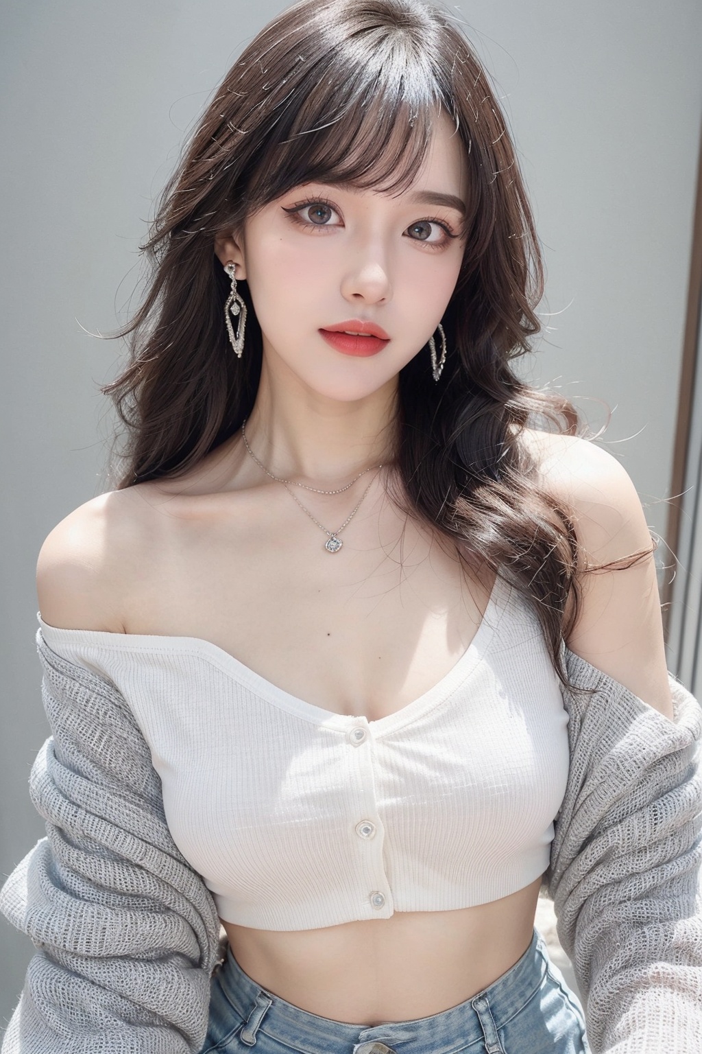 1girl, bangle, bare shoulders, bracelet, breasts, cleavage, collarbone, crop top, ear piercing, earrings, grey eyes, jewelry, long hair, looking at viewer, medium breasts, midriff, necklace, off-shoulder shirt, off shoulder, piercing, shirt, skirt, solo, white hair <lora:女:0.66>