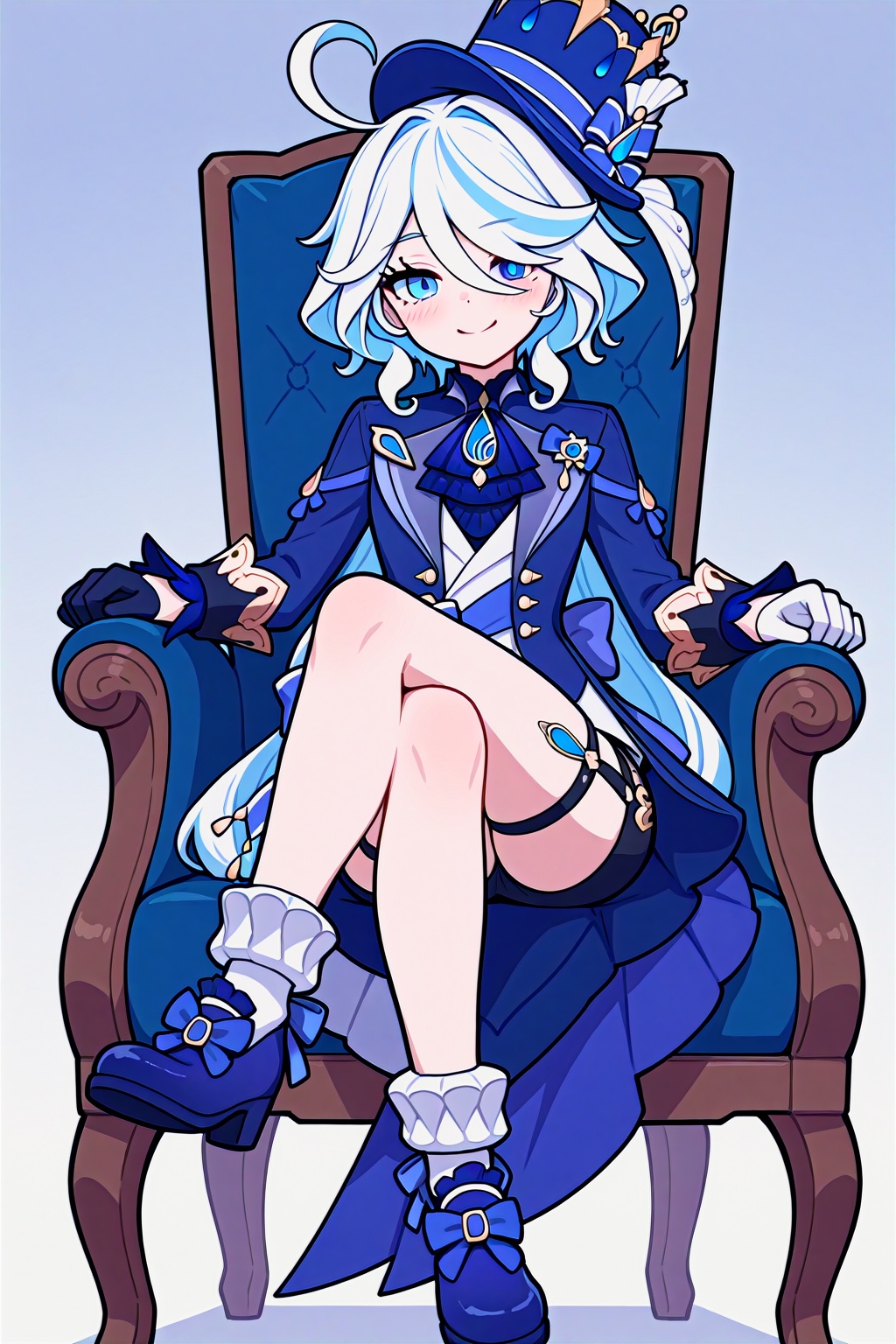 masterpiece, best quality,furina \(genshin impact\),hat,smile, sitting, crossed legs, ,chair,blue footwear,white socks