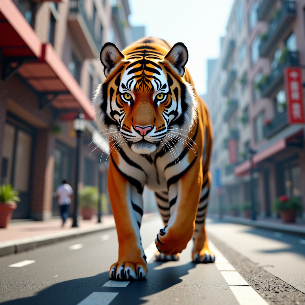 there is a tiger walking down the street in the city,realistic. cheng yi,high definition cgsociety,photoreal epic composition,sacred tiger,a tiger,cgsociety unreal engine,hyperrealistic",hyper realistic ",hyper realistic",hyperrealistic ",tiger_beast,anthropomorphic tiger,hyperrealistic vfx render,photoreal",hyperrealistic 3d digital art,hyperrealistic 3 d digital art,half tiger,hyper real,super realistic",photoreal,photoreal render,imaginefx : : hyperrealism,realistic fantasy photography,3 d cg,3d cg,hyper realistic photography,behance. polished,((tiger)),tiger,dangerous  and  powerful creature,3 d anime realistic,animals in the streets,