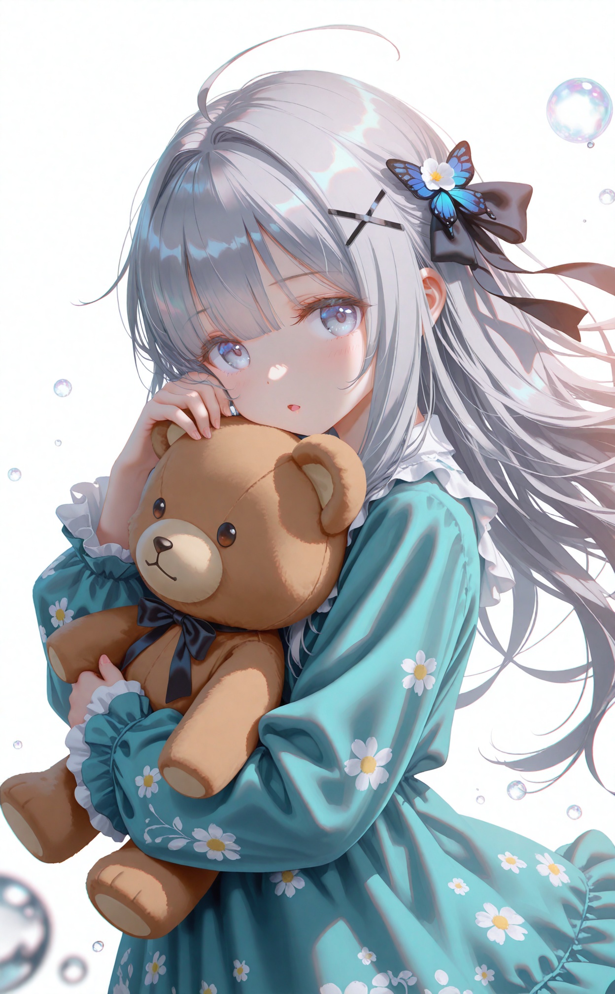 masterpiece,very aware,highres,absurdres,newest,best quality,petite,high quality,chromatic_aberration,cinematic_angle,dutch angle,//,artist:torino aqua,artist:rhasta,artist:wlop,artist:ke-ta,artist:hiten \(hitenkei\),//,1girl, stuffed toy, stuffed animal, solo, looking at viewer, hair ornament, long sleeves, blush, teddy bear, upper body, bubble, long hair, parted lips, butterfly hair ornament, holding stuffed toy, white hair, blue eyes, puffy long sleeves, frills, pajamas, floral print, white background, hugging object, ahoge, frilled sleeves, flower, grey hair, grey eyes, water drop, holding, shirt, dress, simple background, sleeves past wrists, puffy sleeves, water, sidelocks, hair flower, black ribbon, ribbon, black bow, hair bow, hair ribbon, bow, purple eyes, hug, hair between eyes, fingernails, blunt bangs, looking to the side, :o, from side, open mouth, dot nose, hair intakes, frilled dress, x hair ornament, green shirt, hugging doll, white eyes, aqua dress, floating hair, light blush, multicolored eyes, hand on own face, frilled shirt, eyes visible through hair