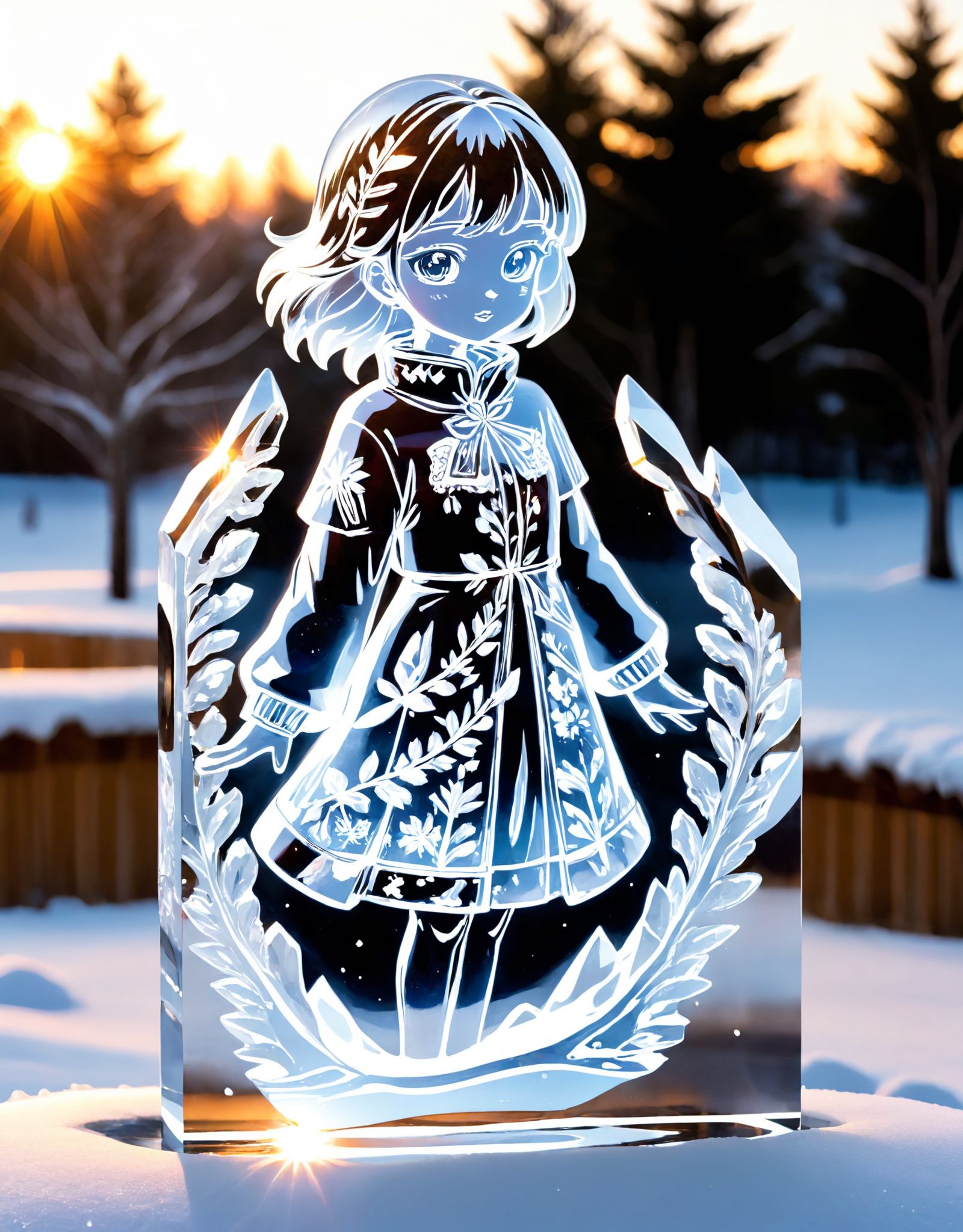 Image type of sculpture:A transparent crystal and ice sculpture depicting a girl figure dressed in a serafuku,  with intri...
