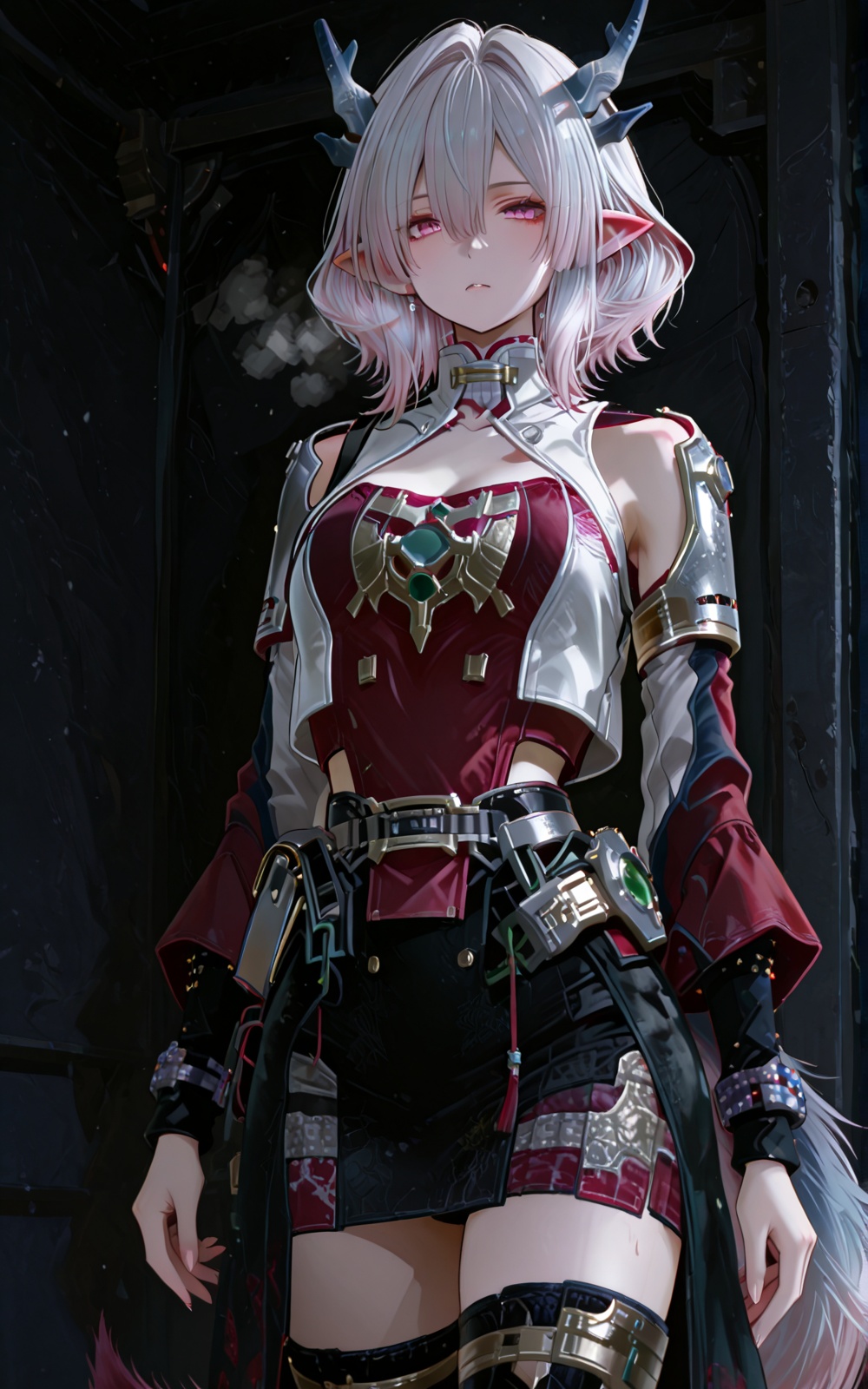 dragon horns + gradient fox tail,  silver-pink short hair,  pink eyes on Tensor.Art