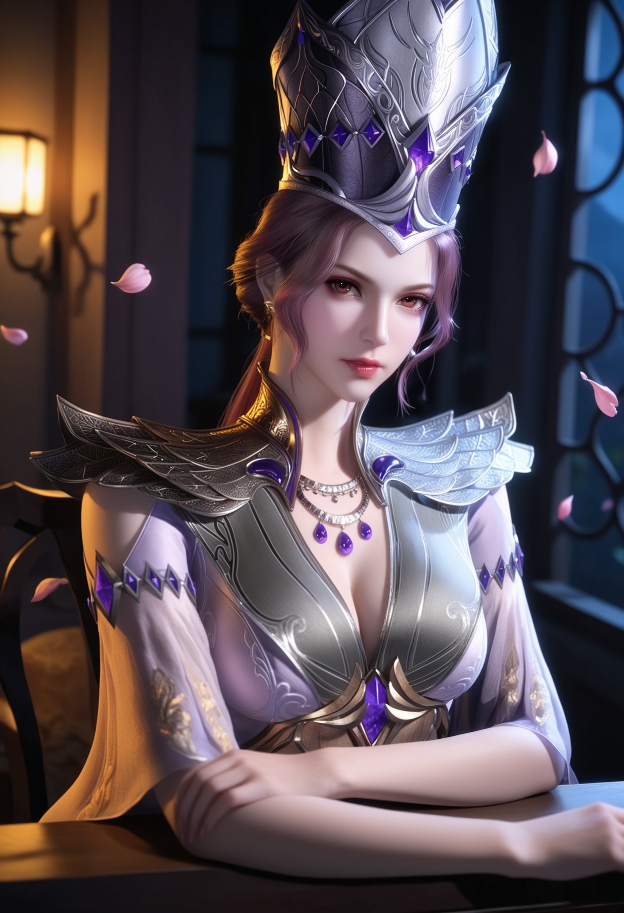 masterpiece,best quality,amazing quality,very aesthetic,high resolution,ultra-detailed,absurdres,scenery,photorealistic,(looking at viewer:1.1),upper body,(Dark room:1.3),(moody lighting:1.1),peach blossom,falling petals,(large breasts:0.8),bibidong,1girl,solo,jewelry,gem,armor,brown hair,hat,lips,necklace,brown eyes,earrings,cleavage,crown,long hair,dress,red eyes,makeup,ponytail,short hair,pantyhose,pink hair,purple hair,shoulder armor,long sleeves,high heels BREAK photorealistic details,<lora:QQSillbibidongV1:0.8>,