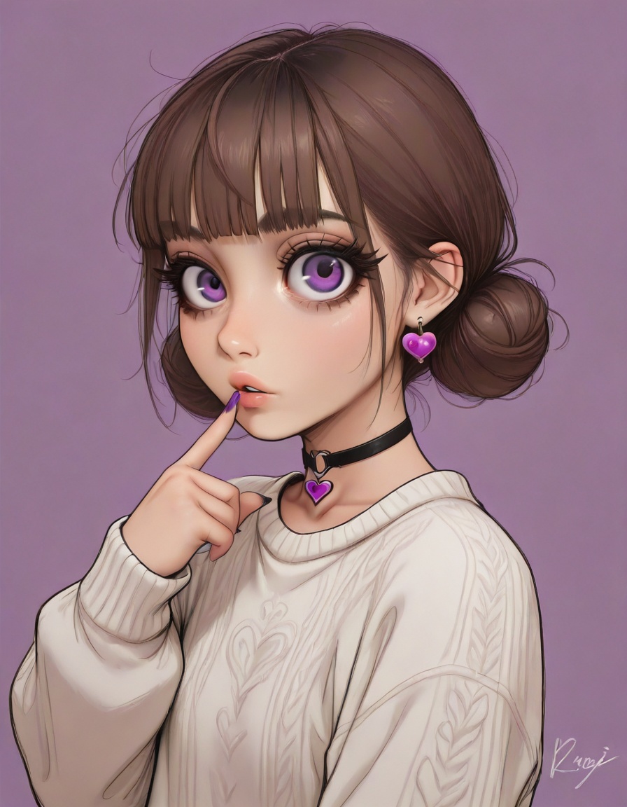original,brown hair,1girl,solo,sfw,bangs,choker,blunt bangs,purple background,upper body,jewelry,eyebrows visible through hair,simple background,earrings,purple eyes,parted lips,short hair,long sleeves,white sweater,looking at viewer,sweater,finger to mouth,heart,purple flower,flower,heart choker,heart earrings,purple_eyes,closed mouth,signature,hair bun,long fingernails,nail polish,nail,double bun,