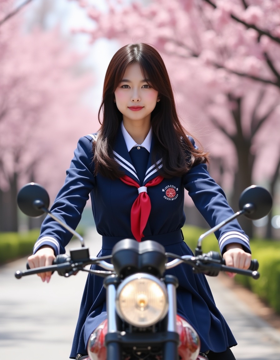 a real picture of a south korea woman,she is wearing a japanese school uniform,she was riding on a motorcycle,background cherry blossoms,