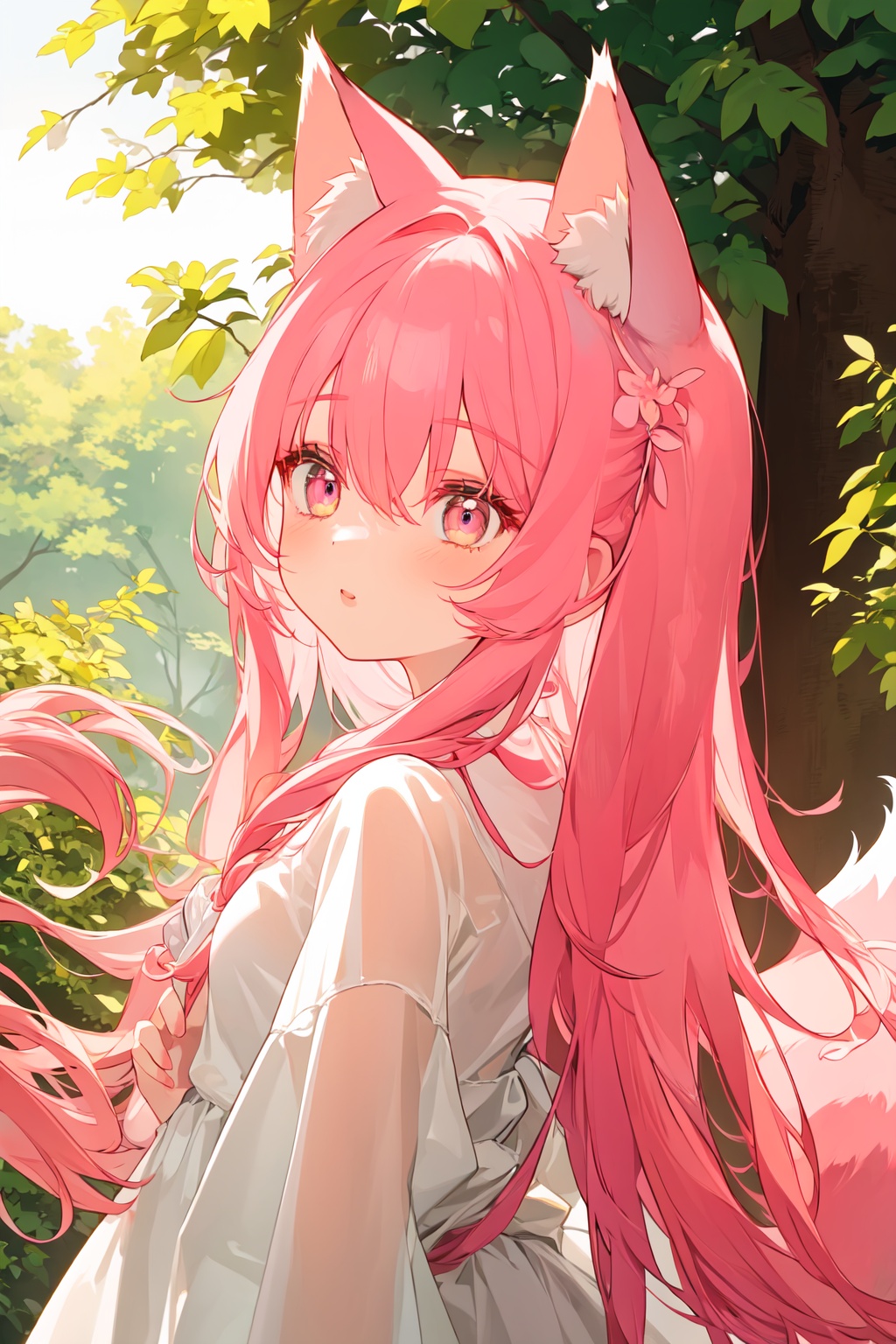 masterpiece,(best quality),1girl,fox tail,fox ears, pink hair, outside, forest, masterpiece, best quality