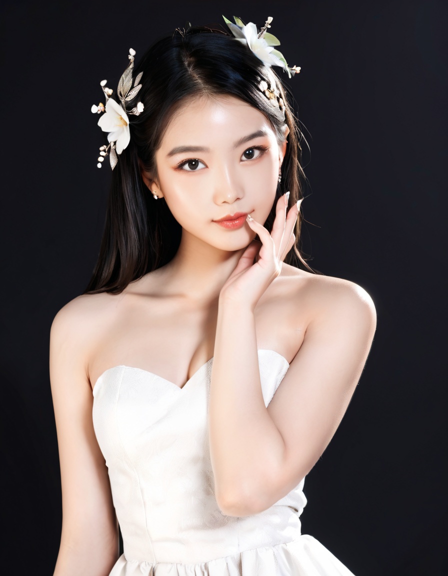1girl, solo, black hair, looking at viewer, dress, black background, hair ornament, upper body, bare shoulders, white dress, strapless, realistic, black eyes, jewelry, strapless dress, simple background, fingernails, hand up score_9,score_8_up,score_7_up,score_6_up,score_5_up,score_4_up,