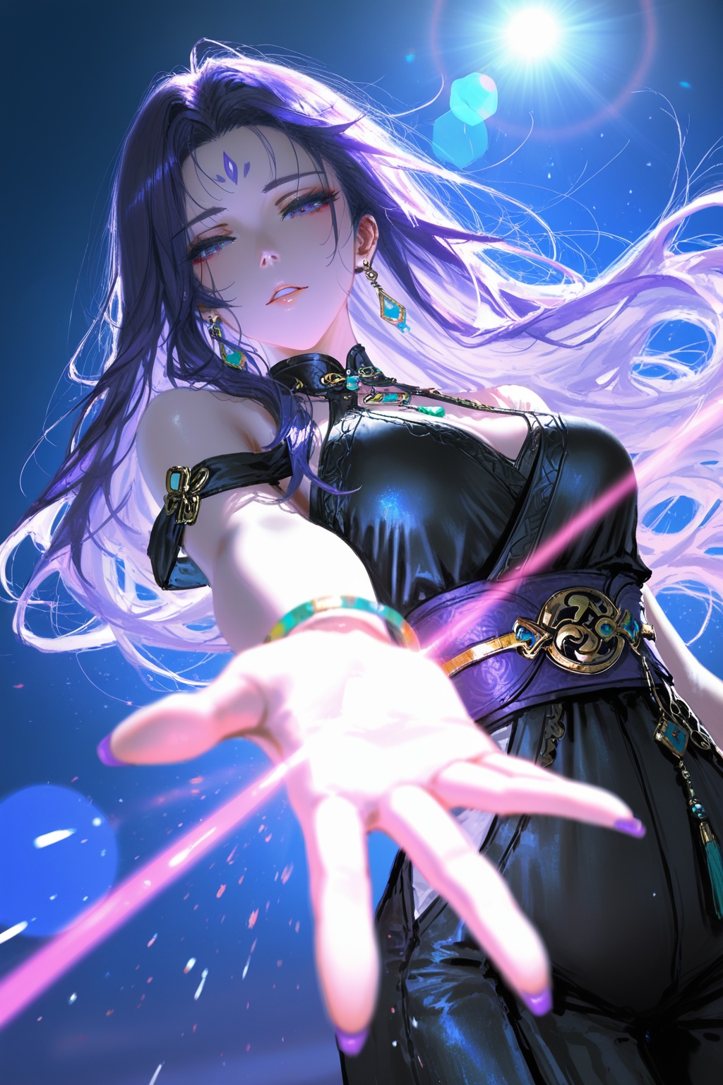 Detail enhancement,depth of field,cinematic lighting,light particles,lens flare,masterpiece,best quality,amazing quality,very aesthetic,absurdres,best quality,newest,(artist:quasarcake:0.8),extreme aesthetic,(wlop:0.9),masterpiece,best quality,good quality,newest,year 2024,year 2023,very aesthetic,absurdres,A shot with tension,impactful picture,official art,colorful,splash of color,movie perspective,dynamic pose,foreshortening,extreme perspective,<lora:合欢宗主:0.8>,1girl,solo,purple hair,long hair,purple eyes,jewelry,looking at viewer,earrings,forehead,forehead mark,facial mark,