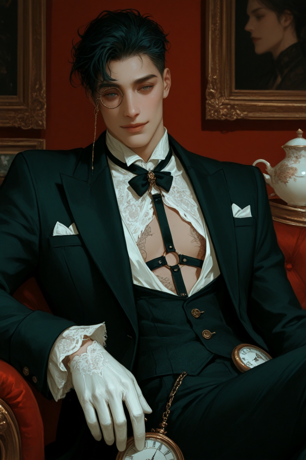 1boy,  solo,  silk_robe_open (revealing_lace_harness) on Tensor.Art