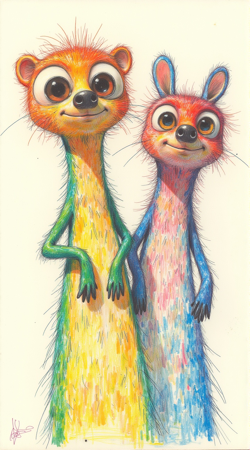 Ballpen_sketching,Two whimsical,cartoon-**** creatures with exaggerated features and vibrant colors.,