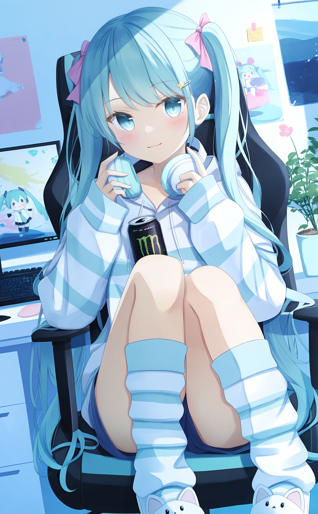 masterpiece,absurdres,best quality,loli,petite,high quality,//,hatsune miku,headphones,1girl,headphones around neck,can,monitor,holding,holding can,solo,speaker,plant,hair bow,hood,hoodie,long hair,keyboard (computer),blue eyes,socks,twintails,sitting,potted plant,striped socks,swivel chair,bow,chair,looking at viewer,figure,striped clothes,shorts,blue hair,character doll,smile,hood down,hair ornament,w,pink bow,indoors,hand on headphones,slippers,drawstring,grey hoodie,long sleeves,gaming chair,sleeves past wrists,miku day,monster energy,soda can,closed mouth,loose socks,white footwear,very long hair,office chair,:3,drink can,desk,blue shorts,white bow,blue hoodie,energy drink,star hair ornament,white hoodie,hair ribbon,spring onion,on chair,mouse (computer),bookshelf,stuffed toy,aqua hair,ribbon,shelf,pastel colors,holding drink,white socks,short shorts,blue theme,white ribbon,foot out of frame,blush,poster (object),microphone,jacket,knees up,feet out of frame,hands up,blue socks,aqua eyes,hairclip,star (symbol),v,sticky note,book,thighs,animal slippers,flower,striped hoodie,leg warmers,//,<lora:千道センリ2——【noob】hans:0.8>,