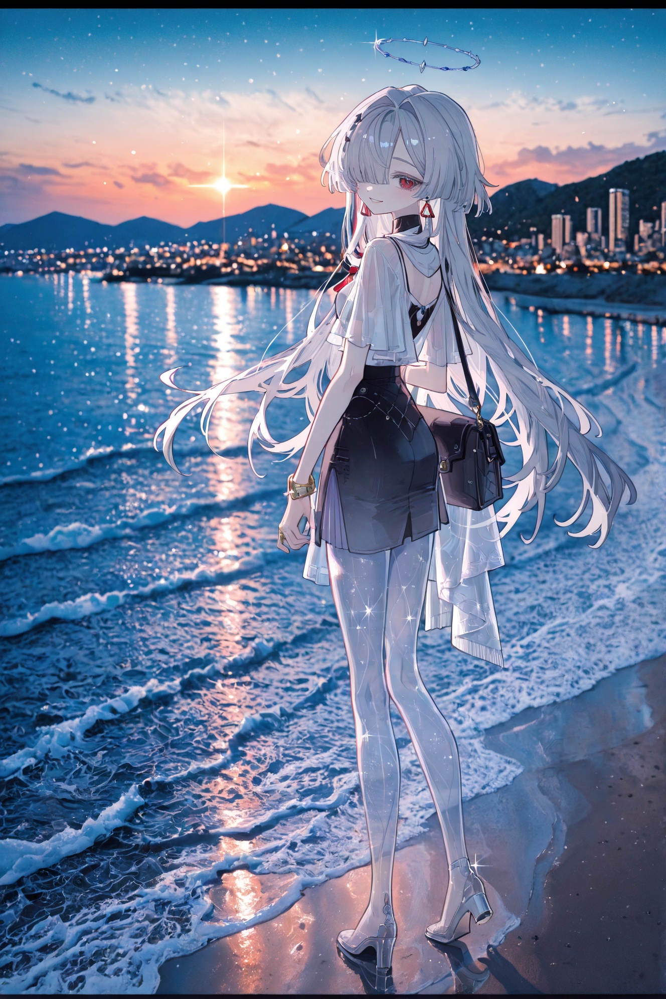 masterpiece,best quality,1girl,(imazawa:1.1),(maccha_(mochancc):0.3),(ningen_mame:0.8),(mochizuki_kei:0.75),<lora:Mornye-noob-Tanger:0.8>,Mornye \(Wuthering Waves\),clothes: Mornye def grey-and-black skirt,see-through legs,1girl,halo,jewelry,long hair,hair over one eye,earrings,grey hair,bracelet,red eyes,sky,outdoors,water,standing,city,bangs,night,cloud,cityscape,sunset,looking back,building,city lights,mountain,ocean,smile,letterboxed,full body,walking,skyline,beach,twilight,evening,road,night sky,from behind,looking at viewer,scenery,shore,skyscraper,shadow,star \(sky\),horizon,river,reflection,orange sky,town,mountainous horizon,looking to the side,sparkle,blush,shoulder bag,gradient sky,blue sky,sand,see-through,tree,<lora:绪儿厚涂构图光影质感增强V3:0.3>,XUER guangying,<lora:2dRealPhoto_Background:0.3>,2dReal,((photo background, film grain)),dark,blurry background,depth of field,impressionism,<lora:add-detail-xl:0.3>,<lora:lightingSlider:-0.3>,detailed,<lora:noobai_vpred_1_masterpieces_v23:0.3>,nyaqiq,<lora:mon_monmon2133:0.3>,<lora:illustrious_masterpieces_v3:0.3>,