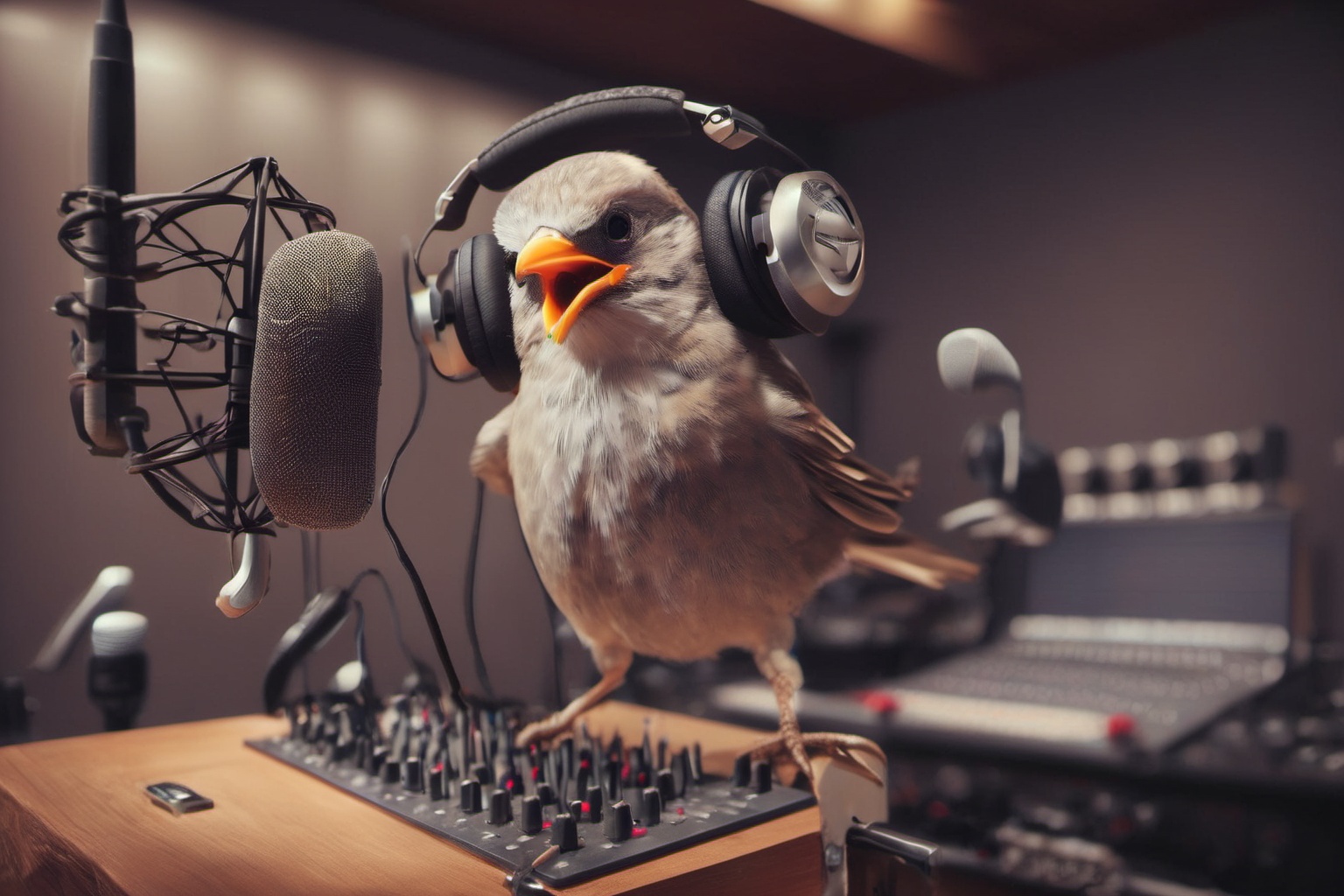 "A photograph of a bird wearing headphones and speaking into a high-end microphone in a recording studio. on Tensor.Art
