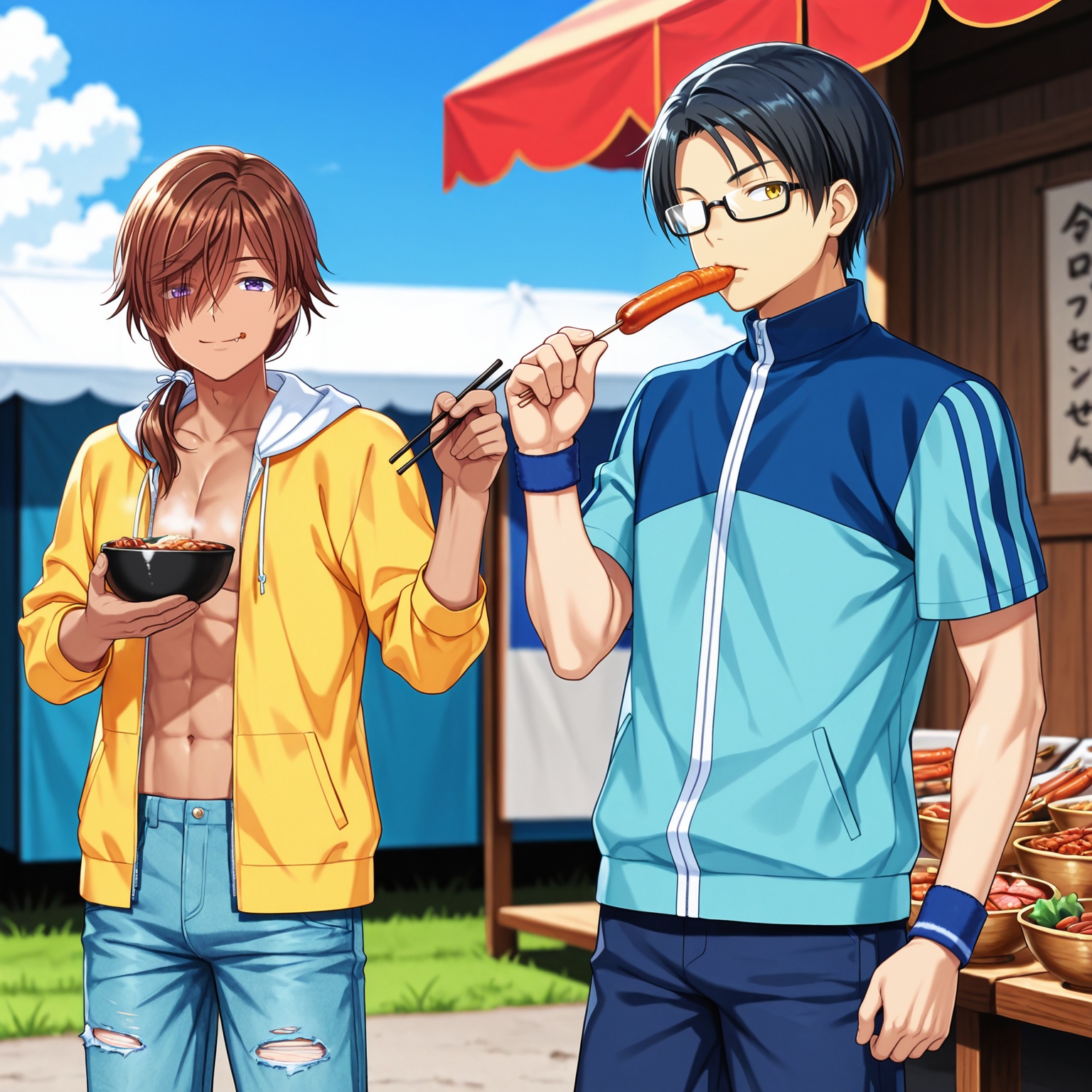 masterpiece,best quality,amazing quality,kanou tenzen,mitani ryouichi,looking at viewer,smile,shirt,brown hair,black hair,holding,closed mouth,jacket,parted bangs,purple eyes,outdoors,cowboy shot,teeth,multiple boys,food,sky,shorts,glasses,pants,day,hood,dark skin,2boys,hair over one eye,blurry,blue sky,fingernails,upper teeth only,blurry background,eating,dark-skinned male,holding food,grass,denim,yellow hooded jacket,wristband,low ponytail,toned,torn jeans,chopsticks,food in mouth,holding chopsticks,meat,opaque glasses,skewer,sausage,blue track jacket,(pectorals:0.7),dark blue shorts,<lora:summer_pockets_V1_4:0.8>,market_stall,summer_festival,market,(open shirt:0.6),(bare pectorals:0.8),holding bowl,