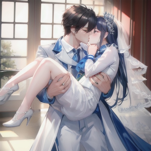 1girl, 1boy, princess carry, masterpiece, best quality, highly detailed,XiaoWulora,beautiful, best quality,carrying, bridal carry,kiss