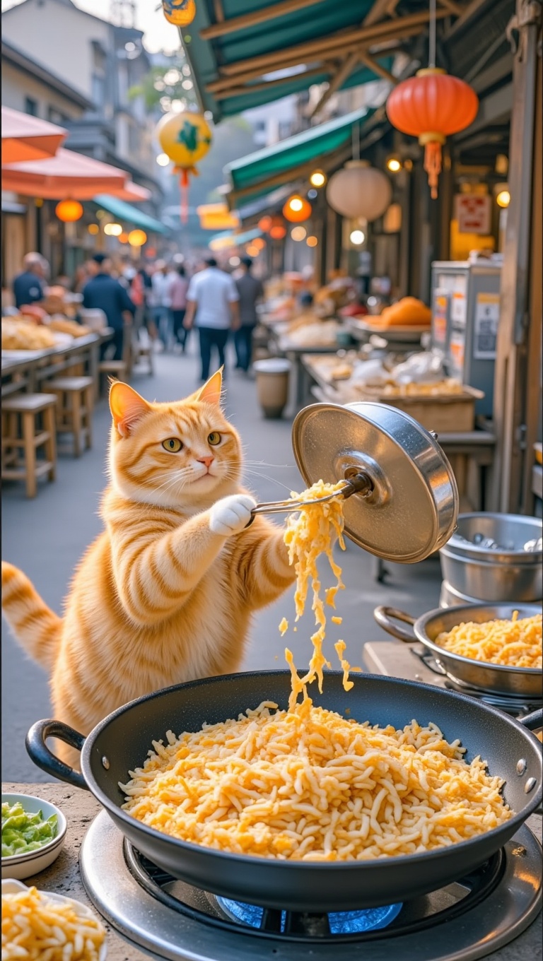 A cute orange cat stands in front of a fried rice stall, skillfully flipping the fried rice in the wok with its paws. The movements are agile, and the background is a bustling market scene in a Chinese county town. In the distance, vendors and customers are busy, it's morning, with a realistic style, third-person perspective, centered composition, long shot, deep focus, dynamic capture, soft lighting, warm tones, and highly detailed, a masterpiece.