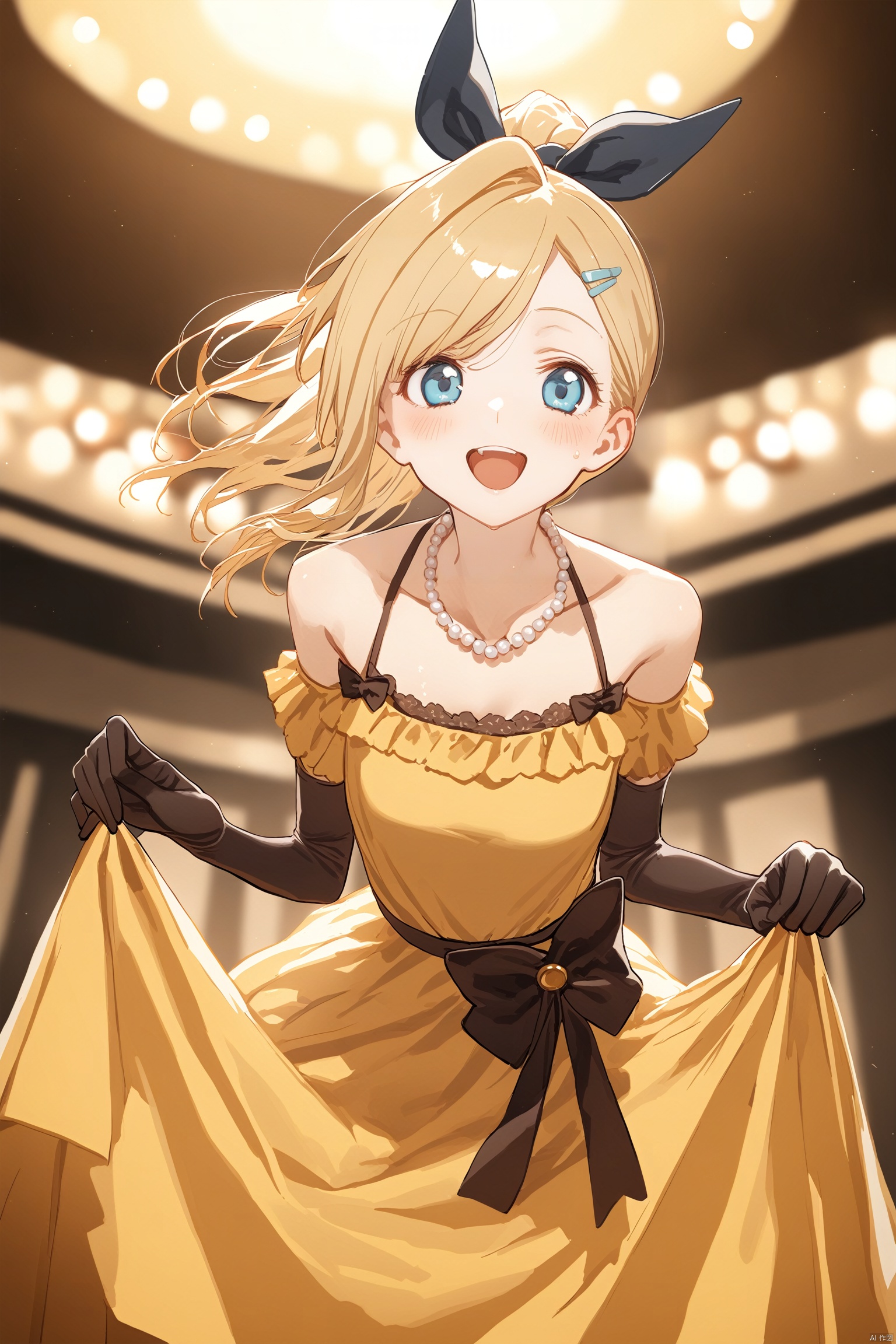 1girl, solo, looking at viewer, smile, open mouth, bangs, blue eyes, blonde hair, hair ornament, gloves, dress, bow, holding, bare shoulders, jewelry, ponytail, :d, frills, black gloves, hairclip, elbow gloves, indoors, necklace, black bow, swept bangs, instrument, skirt hold, orange bow, off-shoulder dress, music, yellow dress, singing, pearl necklace, kagamine rin