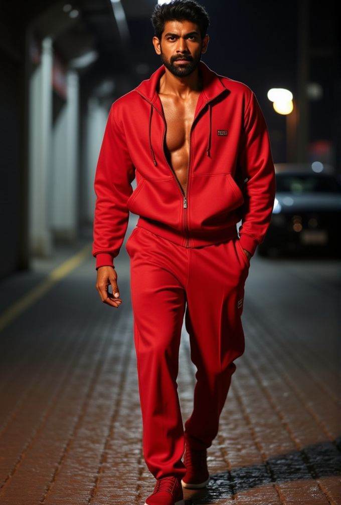 rana daggubati ,  realistic photo in a worn ((skin-revealing skimpy erotic red tracksuit,  massive pecs)) on Tensor.Art