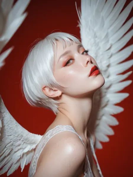masterpiece, ultra-HD, high detail, best quality, 8k,hyper-realistic, real skin, skin blemish. light ray, film grain,1 woman, (mature female, long eyelashes, long face), muse, red makeup, red lips, freckles, sideways glance. white hair, very short hair, bangs. kin fold. (floating white feather wings), lace dress. arms up, bend arms. simple red background, crane motif. (view from side), dynamic composition, dynamic angle. divine,50mm lens, naturally blurred background, wing focus,<lora:Add-cfg_scale_boost:0.4><lora:Add-*******_style_v1_pony:0.9><lora:Body-RealSkin_xxXL_v1:0.1><lora:Add-FluxDFaeTasticDetails:0.1> <lora:MoriiMee_Gothic_Niji_Style__Pony_LoRA:0.3>