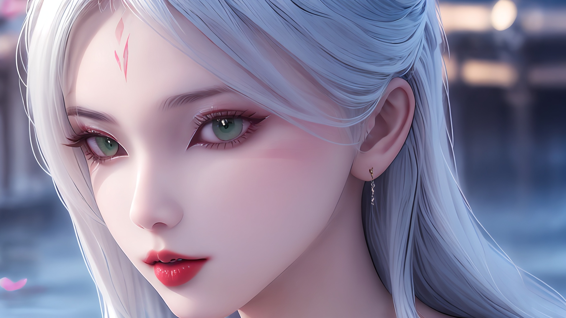 1girl,solo,green eyes,long hair,white hair,looking at viewer,facial mark,lips,blurry background,blurry,portrait,forehead mark,red lips,bare shoulders,closed mouth,makeup,<lora:girl xiaobai_20240912002955:0.8>,