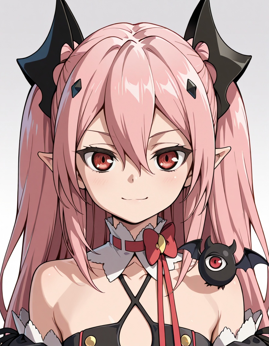 masterpiece, best quality, amazing quality, gradient background, white background,1girl, looking at viewer, solo, upper body, portrait, straight-on, smile, bat \(animal\) on shoulder, one-eyed bat, black pupils,<lora:krul_tepes-owari_no_seraph_s2-ixl-anime-soralz:1>, krul tepes (owari no seraph), long hair, pink hair, two side up, hair between eyes, sidelocks, red eyes, pointy ears, hair ornament,vampire, choker, red bow, ribbon, criss-cross halter, black dress, frilled dress, detached sleeves