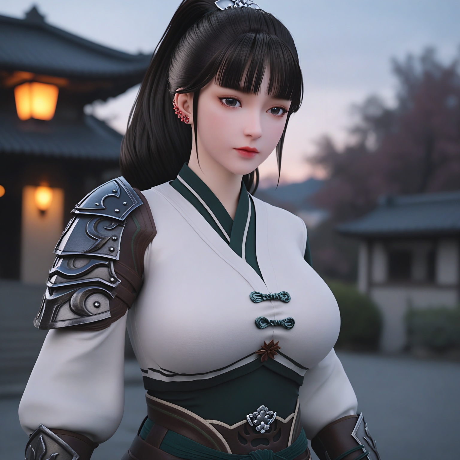 (upper_body:1.1),(huge breasts:0.9),44.<lora:YQponyruanxiurV2:0.8>,1girl,q1528437228,solo,long_hair,bangs,ponytail,jewelry,earrings,black_hair,armor,realistic,black_eyes,chinese_clothes,brown_hair,ear_piercing,hair_ornament,shoulder_armor,long_sleeves,brown_eyes,japanese_clothes,sash,,blush,(looking_at_viewer:1.1),BREAKintricate details,shiny_skin,solo focus,(blurry background:1.1),(depth of field:1.1),perfect_anatomy,(cinematic lighting:0.9),(volumetric lighting:0.9),(simple background,pure black background,black background:1.1),