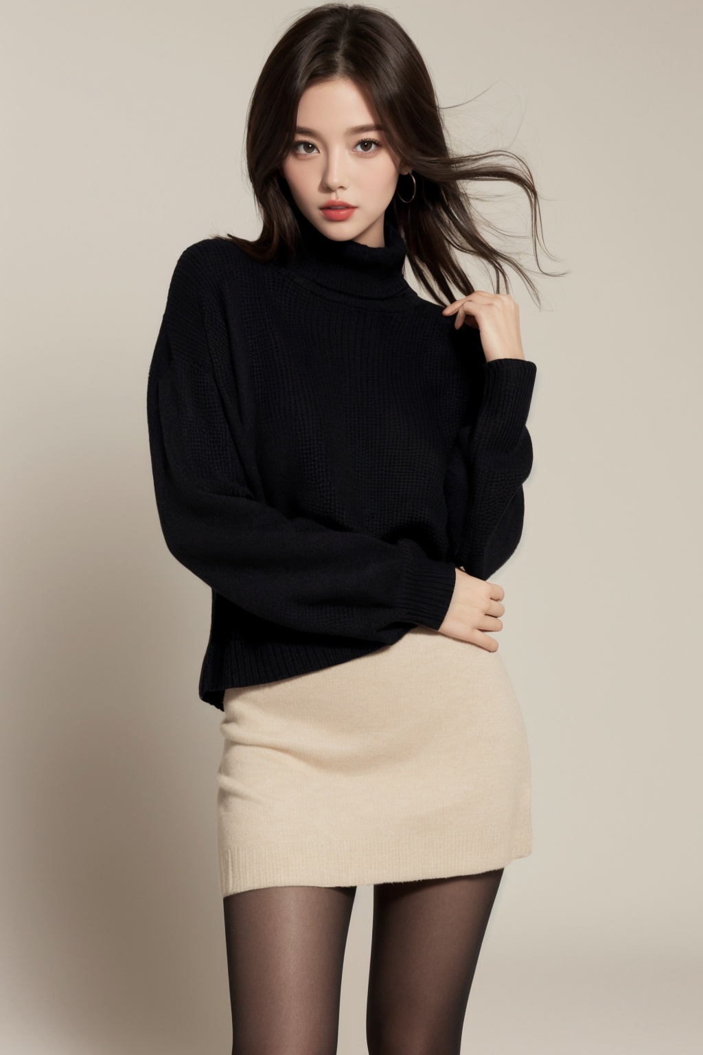 1girl, upper body, looking at viewer, sweater_dress, black_pantyhose,