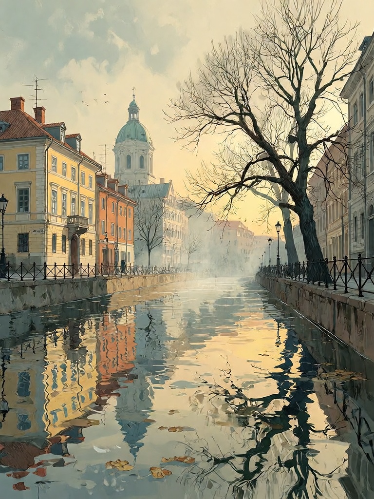 Bradhamel art style. A serene,  misty morning along a calm canal in a European city,  featuring bare-branched trees silhou...
