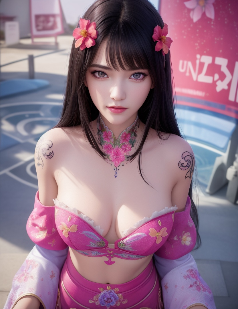 <lora:528-DA-万古狂帝-林柔:0.8>(,1girl, ,best quality, ),looking at viewer,  ,,ultra detailed background,ultra detailed background,ultra realistic 8k cg,, ,masterpiece, (( , )),ultra realistic 8k cgSurrounded by strange, movie perspective, advertising style, Colorful background, splash of color A beautiful woman with delicate facial features,tattoo all over body, flower arms,from above,