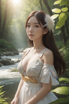 1 girl,solo,korean_text,clear skin texture,colorful,masterpiece,best quality,absurdres,medium breasts,full_shot,(detailed light) , feather, leaves, nature, (sunlight), river, (forest),(bloom),