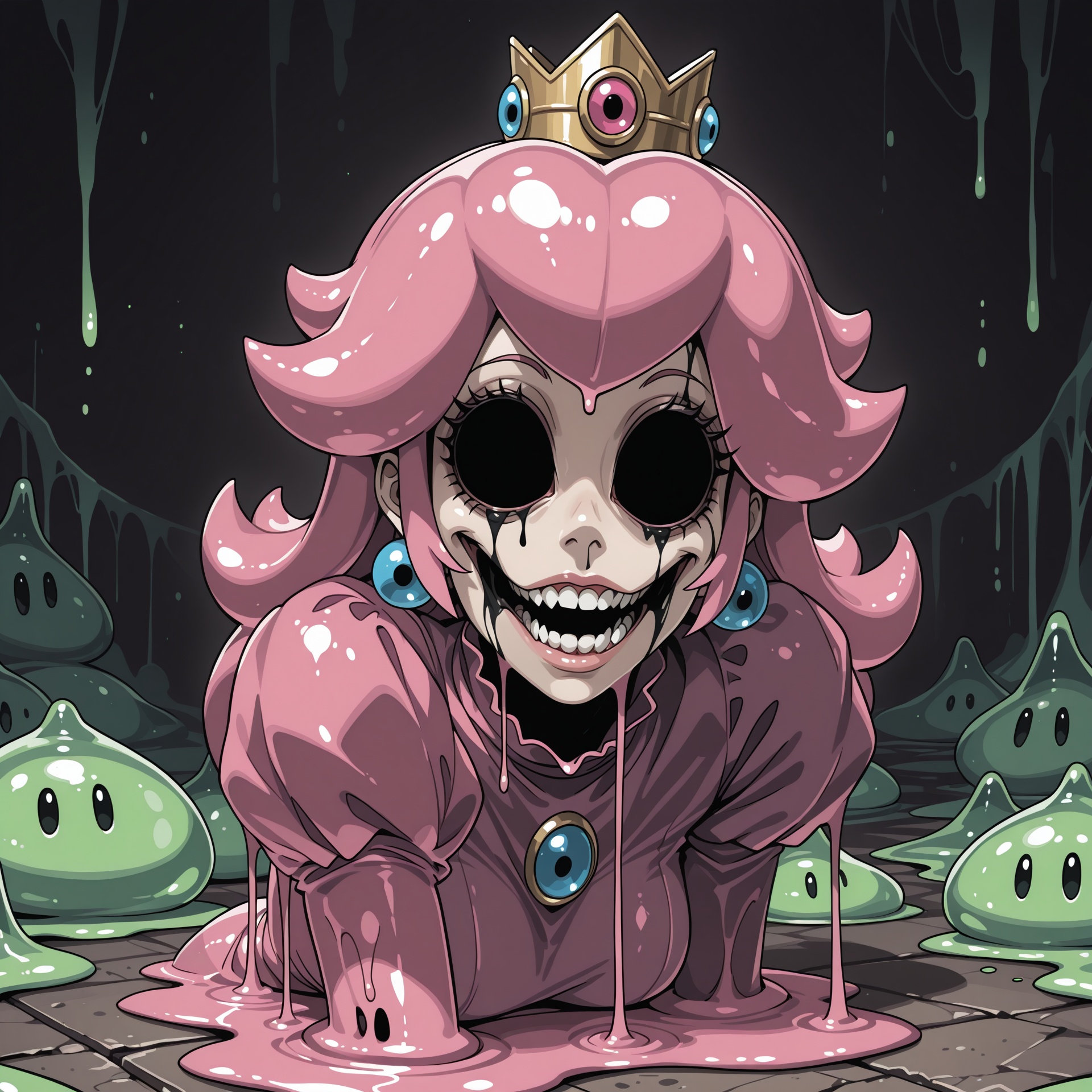 mono psychedelic horror portrait of Princess Peach,  tightly framed,  warped face on Tensor.Art