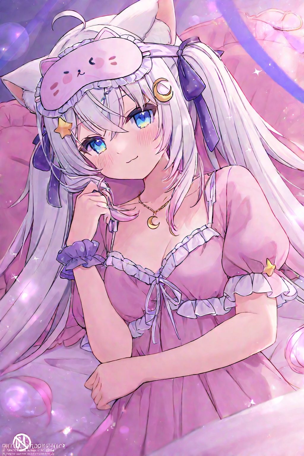 1girl, ahoge, animal ear fluff, animal ears, artist logo, babydoll, blue eyes, cat ears, cat girl, cat hair ornament, closed mouth, collarbone, crescent, crescent hair ornament, crescent necklace, crossed bangs, dress, dutch angle, frilled babydoll, frilled sleeves, frills, hair ornament, hair ribbon, hairclip, head tilt, jewelry, light blush, logo, long hair, looking at viewer, necklace, nightgown, pajamas, pastel colors, pillow, pink babydoll, pink dress, pink nightgown, puffy short sleeves, puffy sleeves, purple ribbon, purple scrunchie, ribbon, scrunchie, short sleeves, sleep mask, smile, solo, sparkle, sparkling aura, star \(symbol\), star hair ornament, threads username, twintails, twirling hair, upper body, virtual youtuber, watermark, white hair, wrist scrunchie <lora:li_p-000018:1>