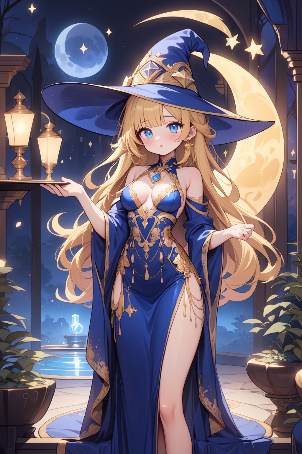 a blonde,blue-eyed cute Wizard girl standing on a moonlit night. A colorful,sparkling halo appears and colors the scene. She wears a wizard hat with gold embroidery and luxurious blue robes,creating a mysterious atmosphere.,blue moon,masterpiece,best quality,very aesthetic,absurdres,<lora:糖果森林_XL_LoRA_v1.1:1.3>,, masterpiece,best quality,very aesthetic,absurdres,