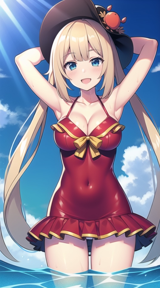 (best quality), ((masterpiece)), (highres), illustration, original, extremely detailed, <lora:yongyi4:0.8>yyds, 1girl, breasts, marie antoinette \(fate\), twintails, blue eyes, crab, long hair, swimsuit, solo, cleavage, blush, red one-piece swimsuit, medium breasts, collarbone, arms behind head, looking at viewer, smile, wading, open mouth, covered navel, armpits, dress swimsuit, beachball, ball, blonde hair, wet, very long hair, thighs, one-piece swimsuit, hat, arms up