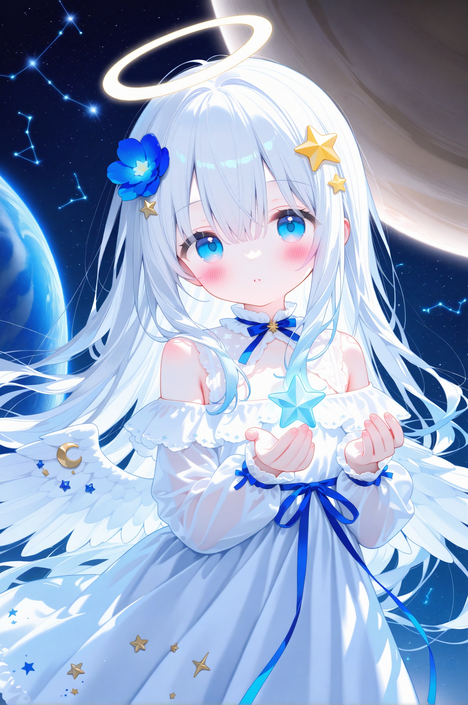 loli,1girl,angel,angel_wings,blue_eyes,blue_flower,constellation,crescent,cross,dress,feathered_wings,flower,hair_between_eyes,hair_ornament,halo,long_hair,looking_at_viewer,planet,solo,star_\(sky\),star_\(symbol\),star_hair_ornament,star_print,starfish,starry_background,starry_sky,very_long_hair,white_feathers,white_hair,white_wings,wings,