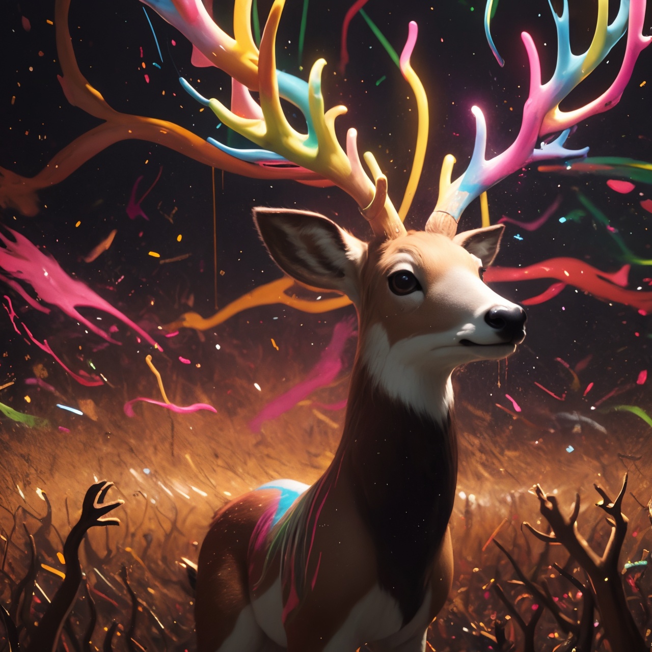 deer,nohuman,a deer surrounded by a vibrant,multicolored paint background,reminiscent of abstract expressionist paintings by Jackson Pollock. The deer stands in the center of the composition,her blonde hair flowing gracefully. The colors in the background are a riot of hues,merging and blending together in an explosion of energy and creativity. The lighting is dynamic,with splashes of light and shadow falling across the scene,adding depth and dimension,nohuman,