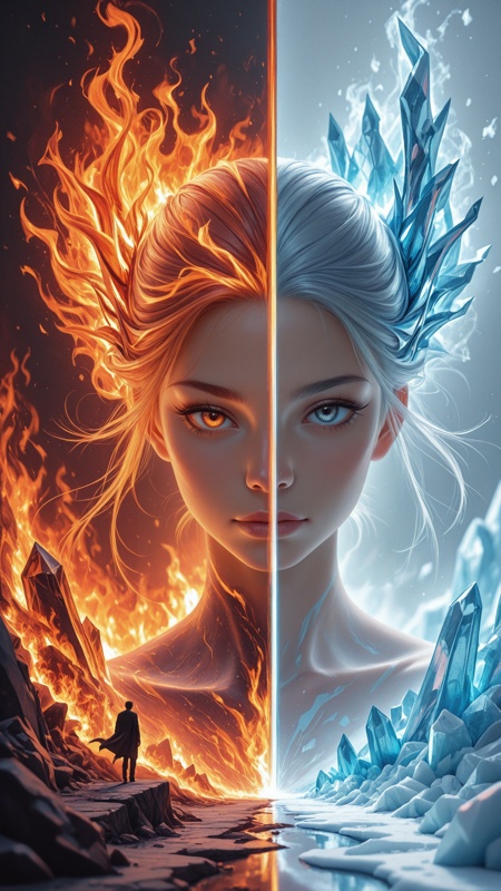 high_quality, highres, beautiful, detailed, (masterpiece, best quality:1.2), absurdres, 8k, HDR,  1boy, 1 woman , overlapped ,neon reflections , digital soul, soft brushstrokes ,complimentary colors, dual-tone image, elements, fire and ice, splitscreen, dynamic posing, three_quarter_view, ribbon in hair, long bangs,  <lora:EffectboosterIL:1>
