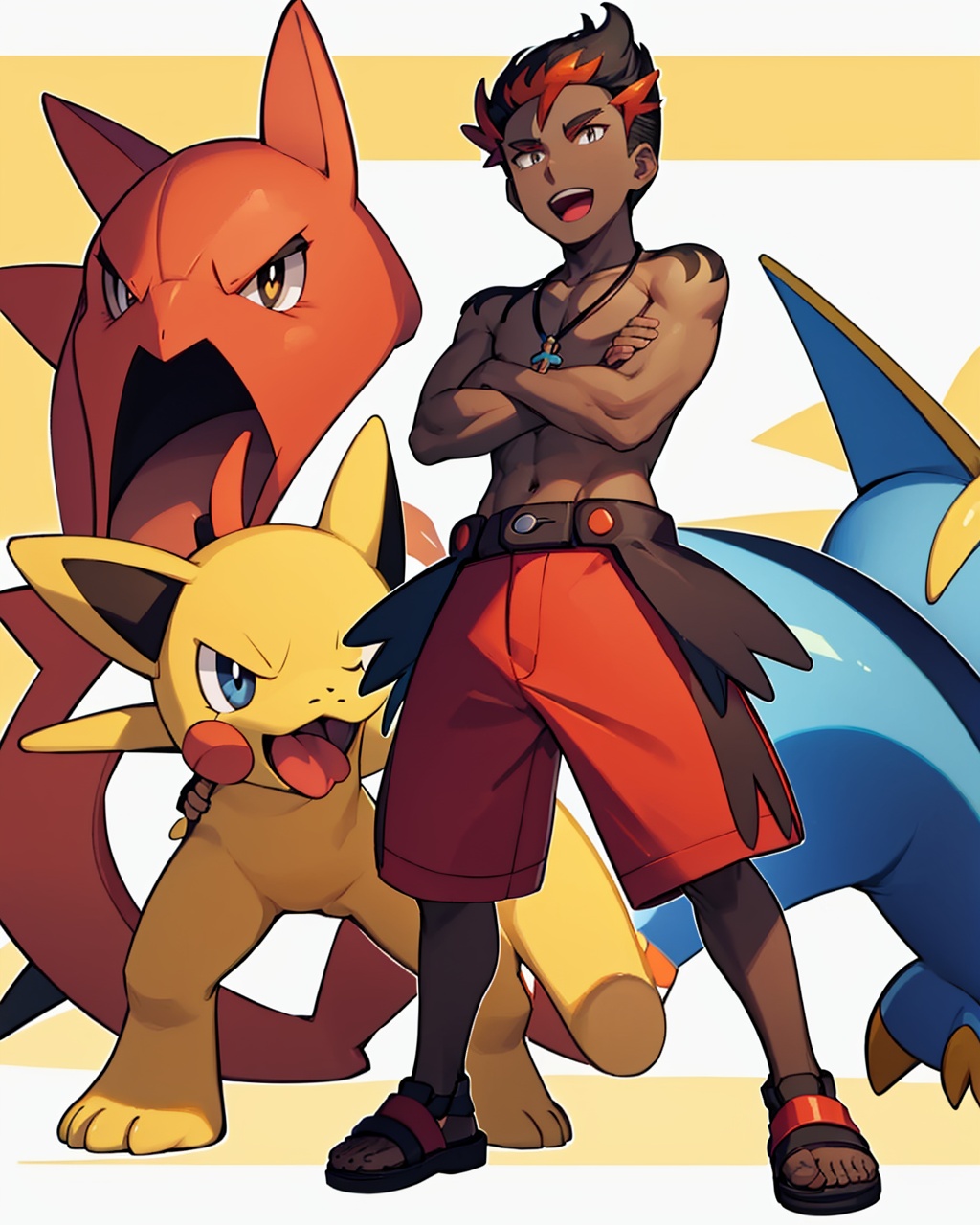 masterpiece,best quality, highly detailed, kiawe (pokemon),red shorts, pokemon (creature), dark-skinned male, topless male, 1boy, male focus, open mouth, necklace, crossed arms, :d, yellow footwear, upper teeth only, outline, standing, sandals,<lora:kiawe_(pokemon):1>