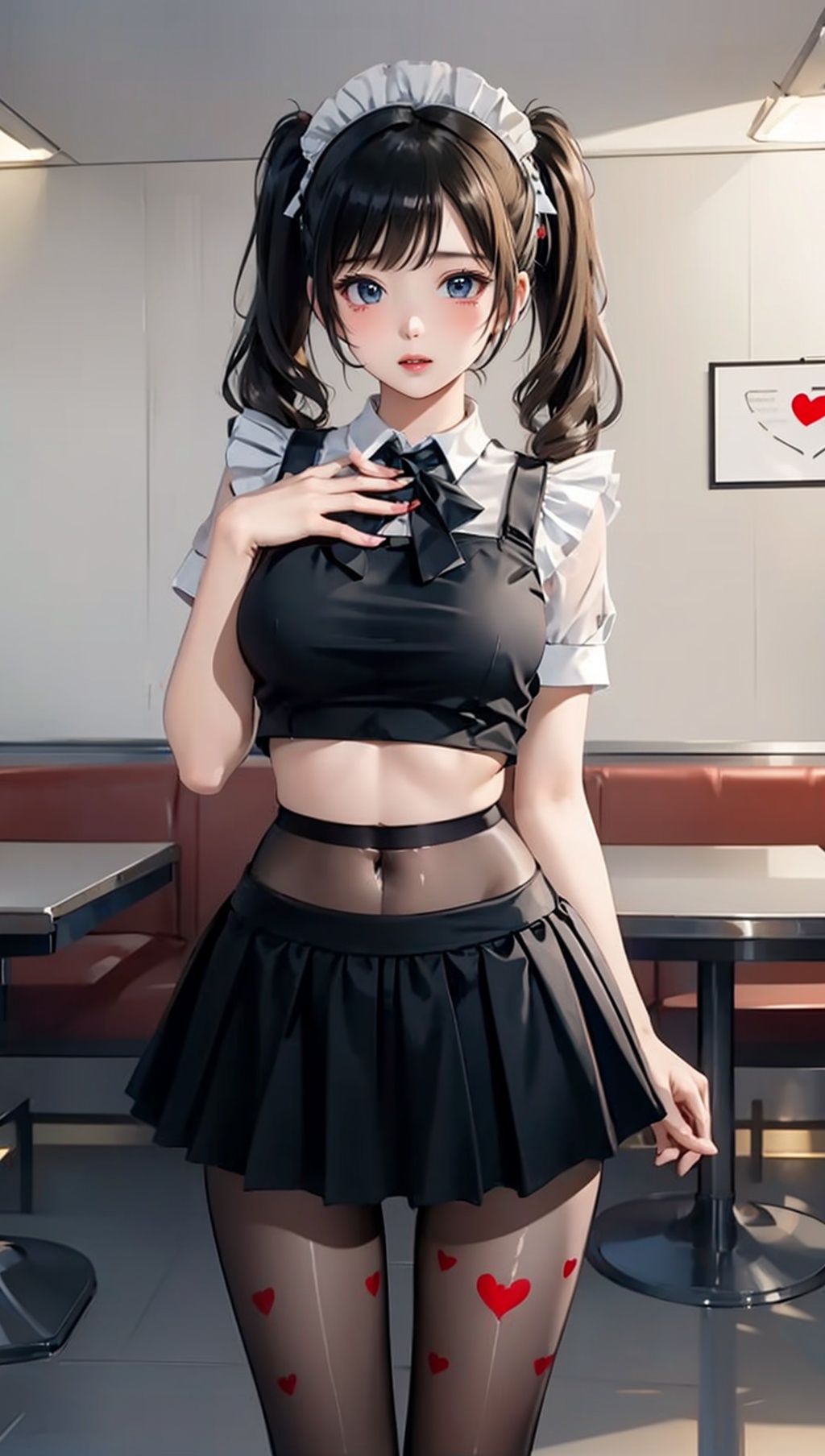 ((masterpiece)),best quality,perfect anatomy,8K wallpaper,mWaistSilk,heart dot pantyhose,crop top,heart dot mWaistSilk,1girl,twintails,maid outfit,cowboy_shot,cafeteria,<lora:mWaistStockings:0.8>,