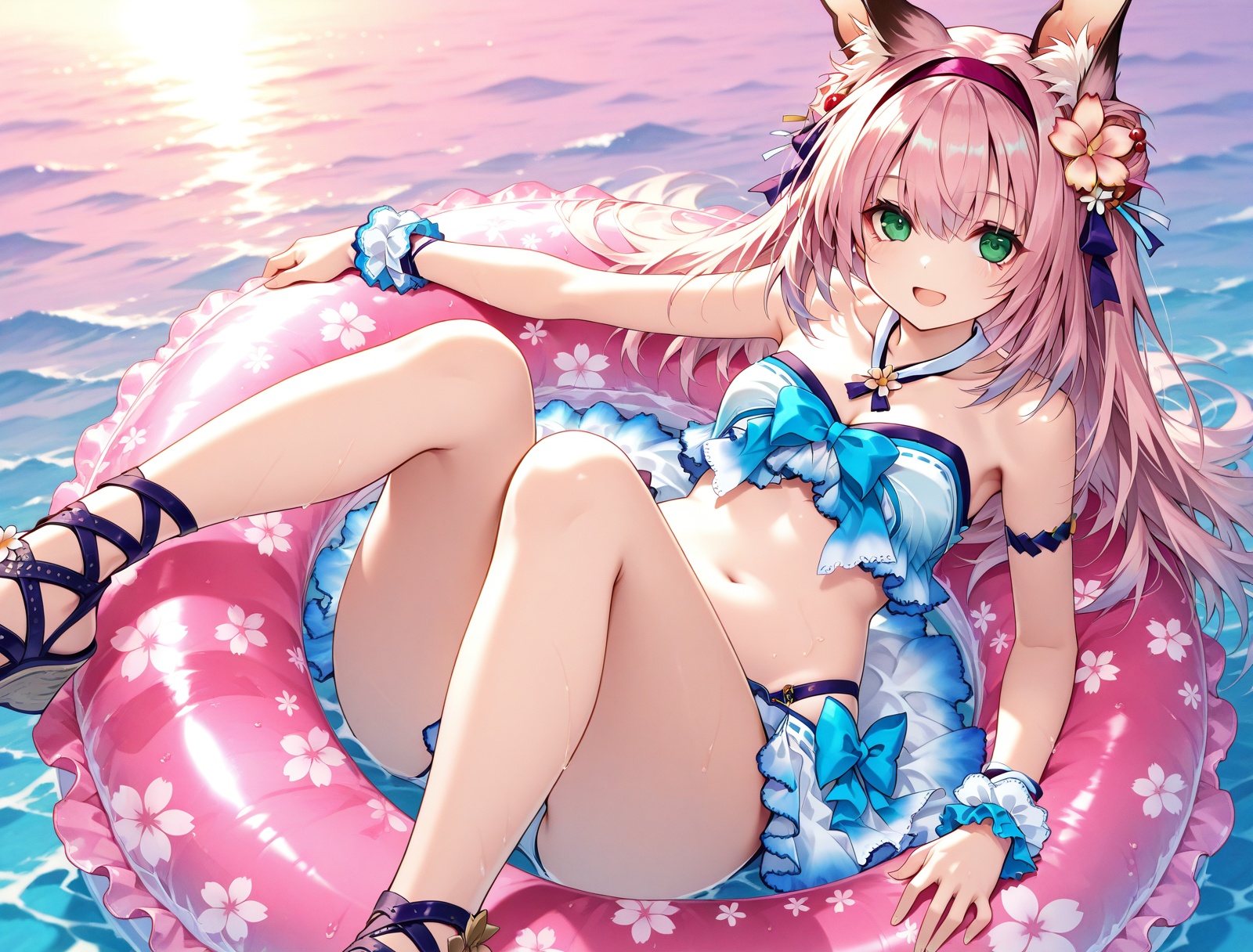 <lora:hanazuki_IL_v1.0:1>,hanazuki \(morning moon beachside flower\) \(azur lane\),innertube,solo,swim ring,open mouth,smile,looking at viewer,sitting,on ocean,, masterpiece,best quality,