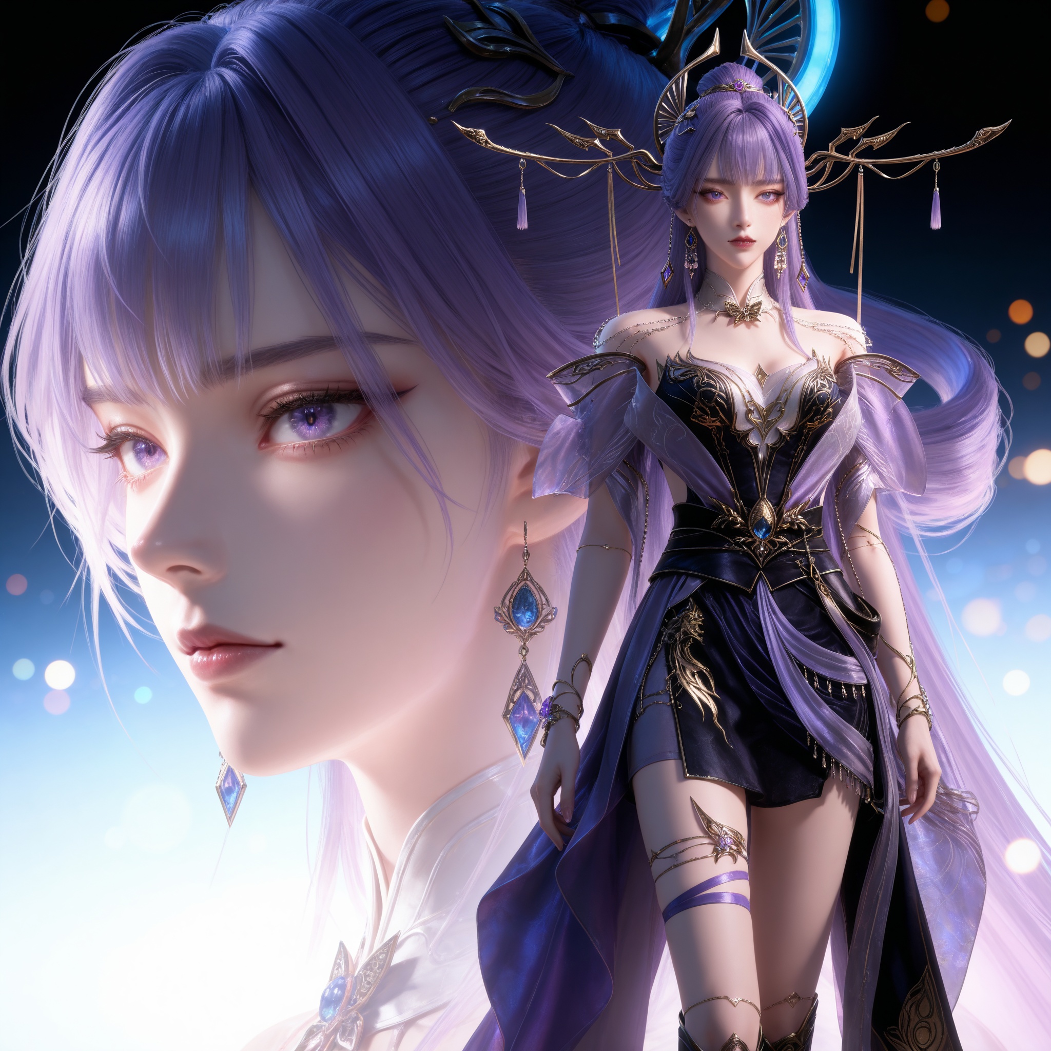 Nai3 style,realistic style photo,outstanding style,Use soft lighting to cast gentle shadows on the subject,adding a touch of dimension to your images without compromising details,whirls of vapor,(Anime:1.1),soft neon light,ethereal ambiance,delicate details,magical atmosphere,concept art,highly detailed,ultra-high resolution,32K UHD,sharp focus,best-quality,masterpiece,golden hour,unconventional supreme masterpiece,masterful details,temperate atmosphere,with a high-end texture,in the style of fashion photography,magazine style,Dynamic Angle,Dynamic posture,magazine style,Dynamic Angle,Dynamic posture,(cowboy_shot:1.2),eye trail,depth of field,cinematic lighting,lens flare,(artist:quasarcake:0.8),close-up,(artist:quasarcake:0.8),extreme aesthetic,(wlop:0.6),(honjou raita,lack,rella,wanke:0.5),masterpiece,best quality,good quality,newest,year 2025,very aesthetic,absurdres,Visual impact,A shot with tension,ultra-high resolution,32K UHD,sharp focus,best-quality,masterpiece,Emotionalization,unconventional supreme masterpiece,masterful details,temperate atmosphere,with a high-end texture,in the style of fashion photography,(Visual impact:1.2),giving the poster a dynamic and visually striking appearance,<lora:百炼成神3-天穹IL:0.8>,1girl,long hair,hair ornament,purple hair,earrings,purple eyes,hair rings,hair ornament,necklace,bare shoulders,purple dress,black dress,thigh strap,boots,, realistic style,white background,upper body,looking at viewer,dynamic posture,