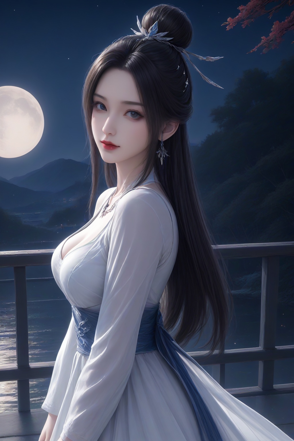 <lora:luxueqi_v1-000012:0.5>,luxueqi,1girl,solo,hair ornament,hair bun,facial mark,single hair bun,shiny,closed mouth,long hair,lips,lipstick,red lips,white dress,earrings,black hair,jewelry,dress,hair ornament,sash,shorts,moon,railing,clothing cutout,long sleeves,night sky,[moon],star \(sky\),chinese style architecture,lantern,looking at viewer,light smile,standing,(hands folded over the lower abdomen:1.2),full body,masterpiece,highres,absurdres,best quality,8K,high-res detailed,<lora:sh-glossy_r2:0.7>,white_pantyhose,high heels,louboutin heels,(white heels:1.2),footwear,<lora:Louboutin_Heels__PONY:0.5>,