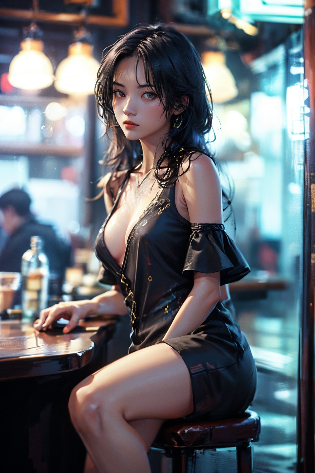 1girl,solo,long hair,looking at viewer,black hair,sitting,black shirt,depth of field,blurry background,chair,bottle,sign,realistic,bar (place),neon lights,fanhuaZ,<lora:fanhuaZ_20240115183629-000008:0.8>,, (high quality), best quality, (4k), 8k, super detailed, (full detail), (masterpiece), (realistic), super detailed,(Exquisite details) ,intricate,